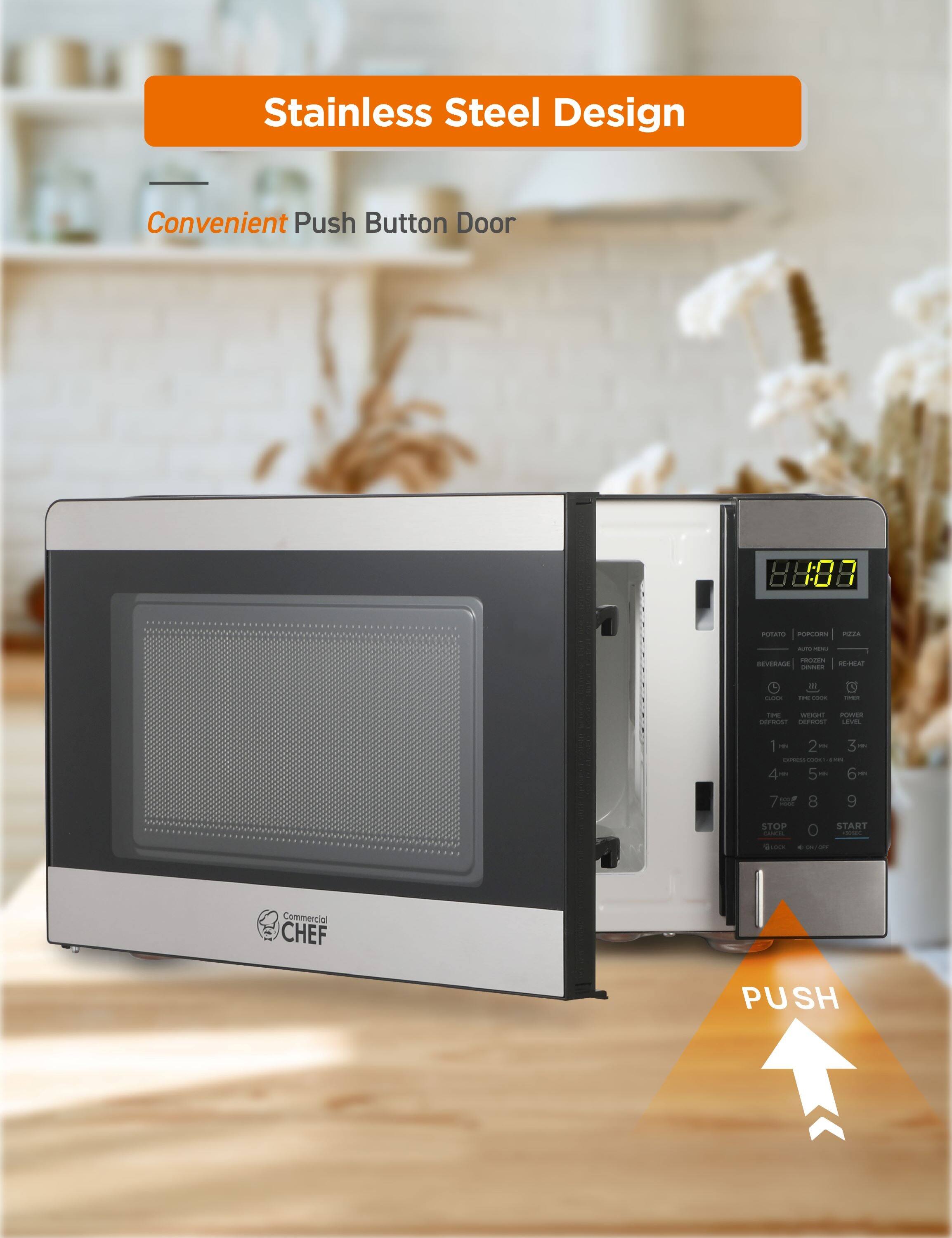 Stainless Steel Design Convenient Push Button Door POTATO POPCORN PIZZA BEVERAGE AUTO FROZEN REHEAT CLOCK TIME COOK WEIGHT POWER LEVEL 1 2 3 4 5 6 7 8 STOP START Commercial CHEF PUSH