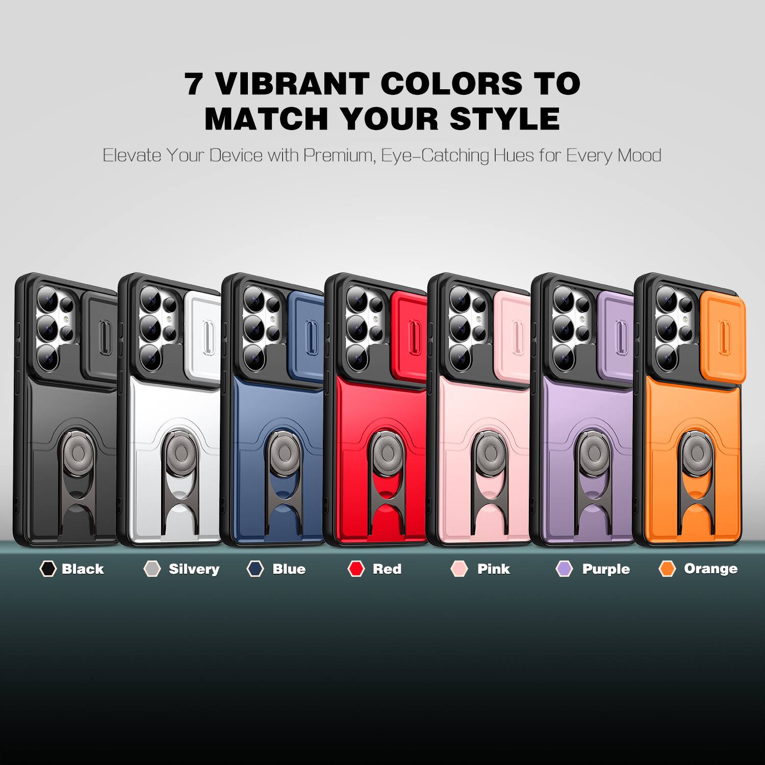 7 VIBRANT COLORS TO MATCH YOUR STYLE  
Elevate Your Device with Premium, Eye-Catching Hues for Every Mood  

Black  
Silvery  
Blue  
Red  
Pink  
Purple  
Orange