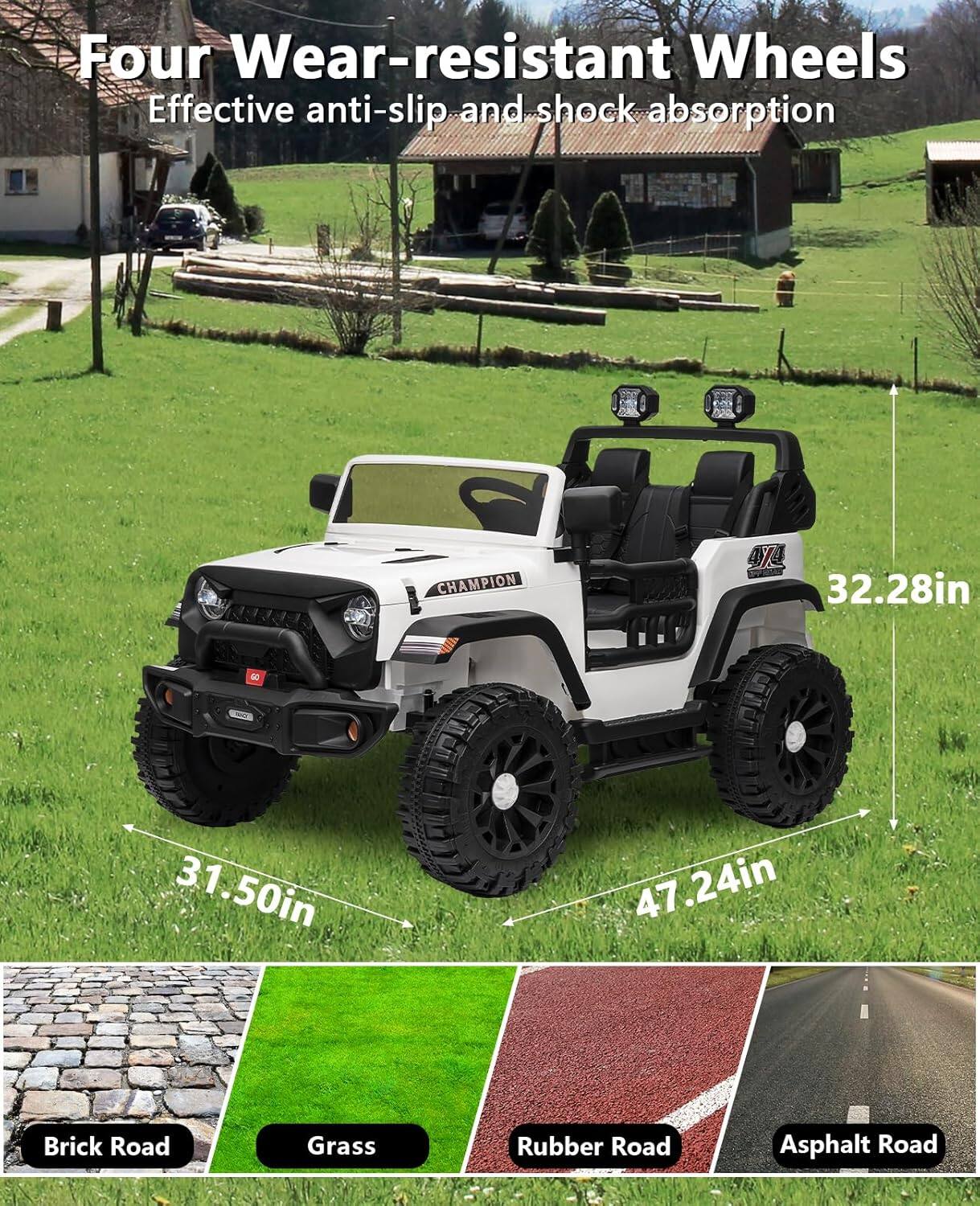 Four Wear-resistant Wheels  
Effective anti-slip and shock absorption  

31.50in  
32.28in  
47.24in  

Brick Road  
Grass  
Rubber Road  
Asphalt Road