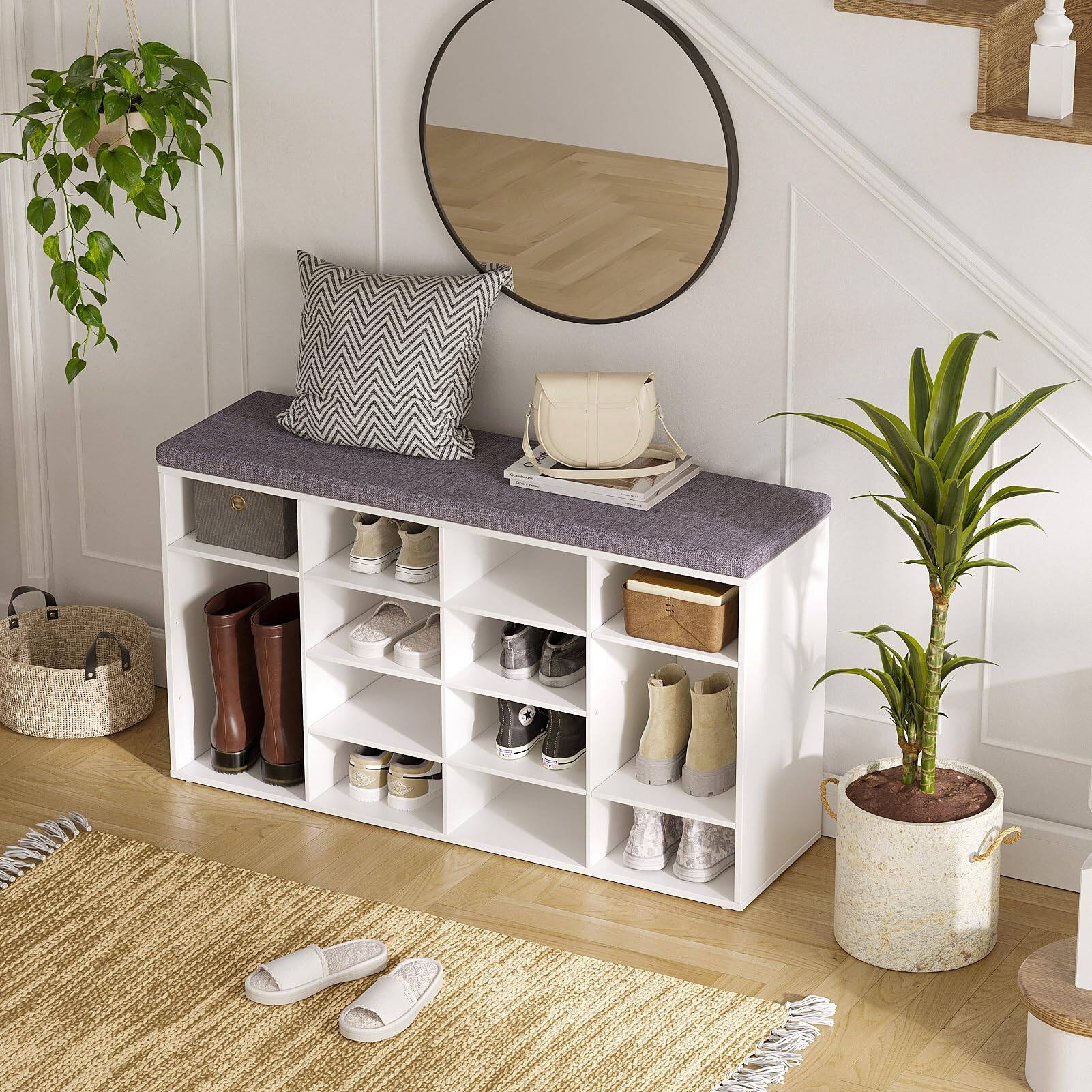 Alt View 1. Hanke - Shoe Storage Bench With Cushion 16-cubby Rack Adjustable Shelves Multifunctional Organizer For Entryway - Natural 13 Cubby.