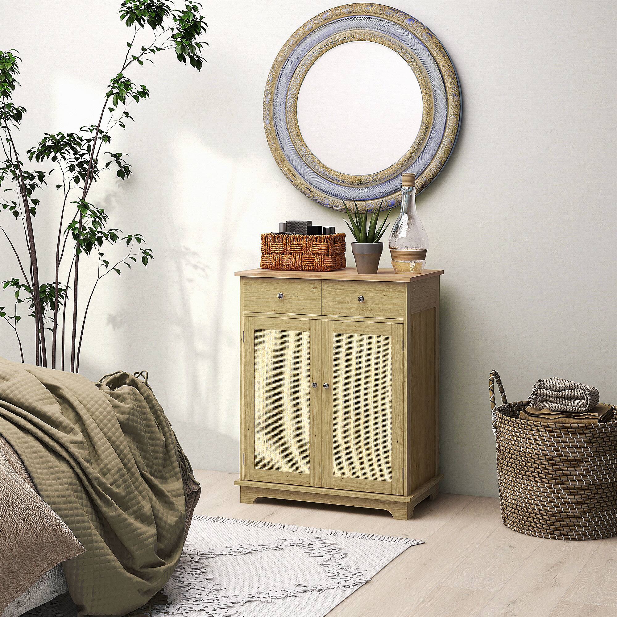 Alt View 4. Homcom - Sideboard with Solid Wood Countertop, Modern Kitchen Storage Cabinet, Coffee Bar Cabinet with 2 Drawers - Natural Rattan.