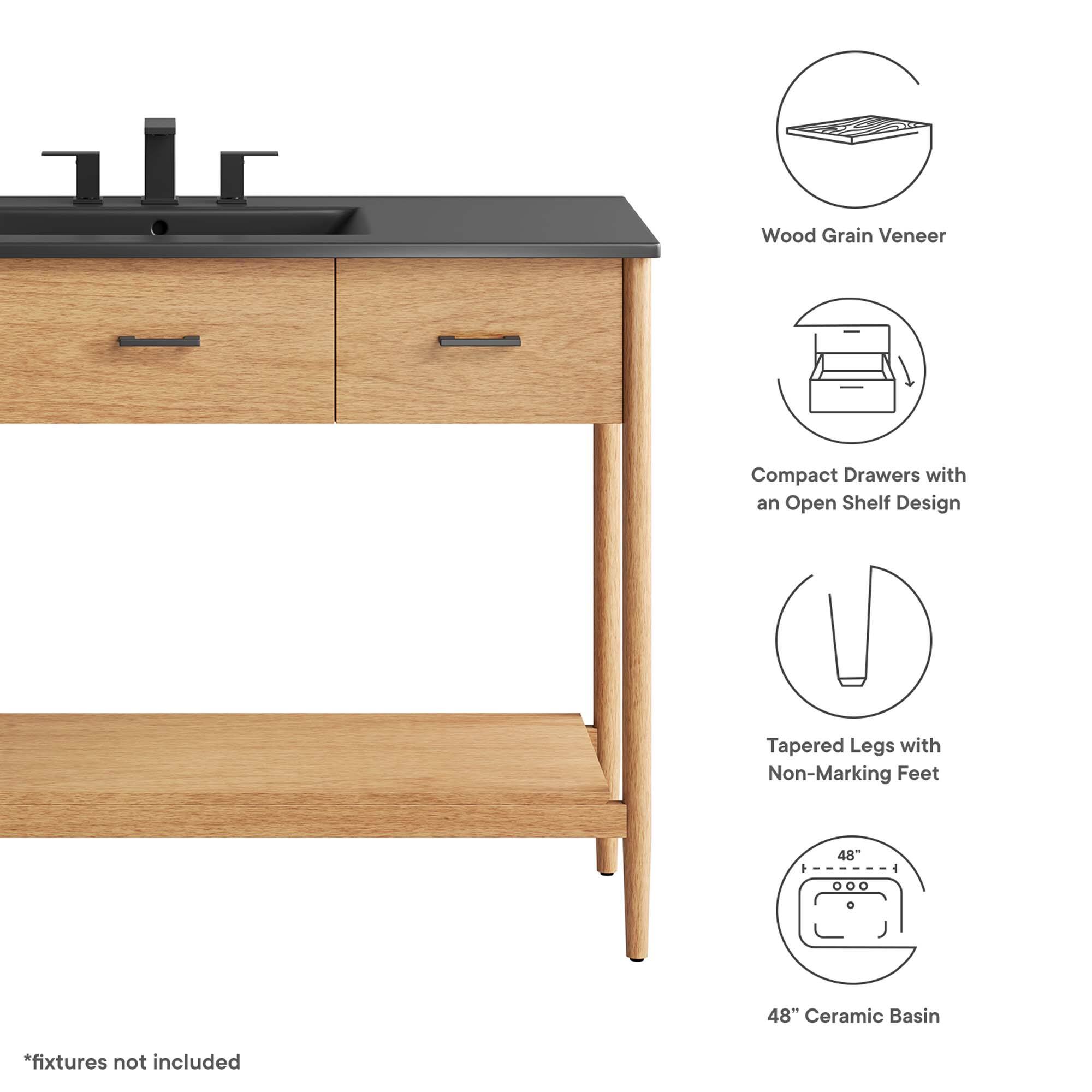 Wood Grain Veneer Compact Drawers with an Open Shelf Design  
Tapered Legs with Non-Marking Feet  
48" Ceramic Basin  
*Fixtures not included