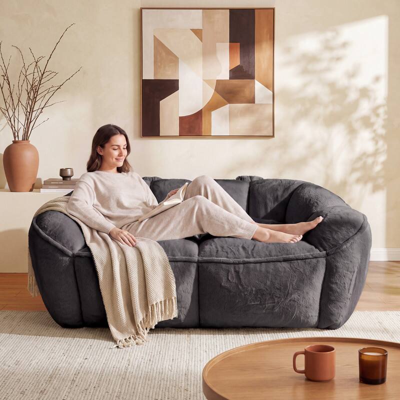 Back. Vipbear - 65" Faux Fur Bean Bag Couch, 2 Seat Loveseat Sofa, Ultra Soft Floor Sofa with Memory Foam Filled for Living Room/Bedroom - gray.