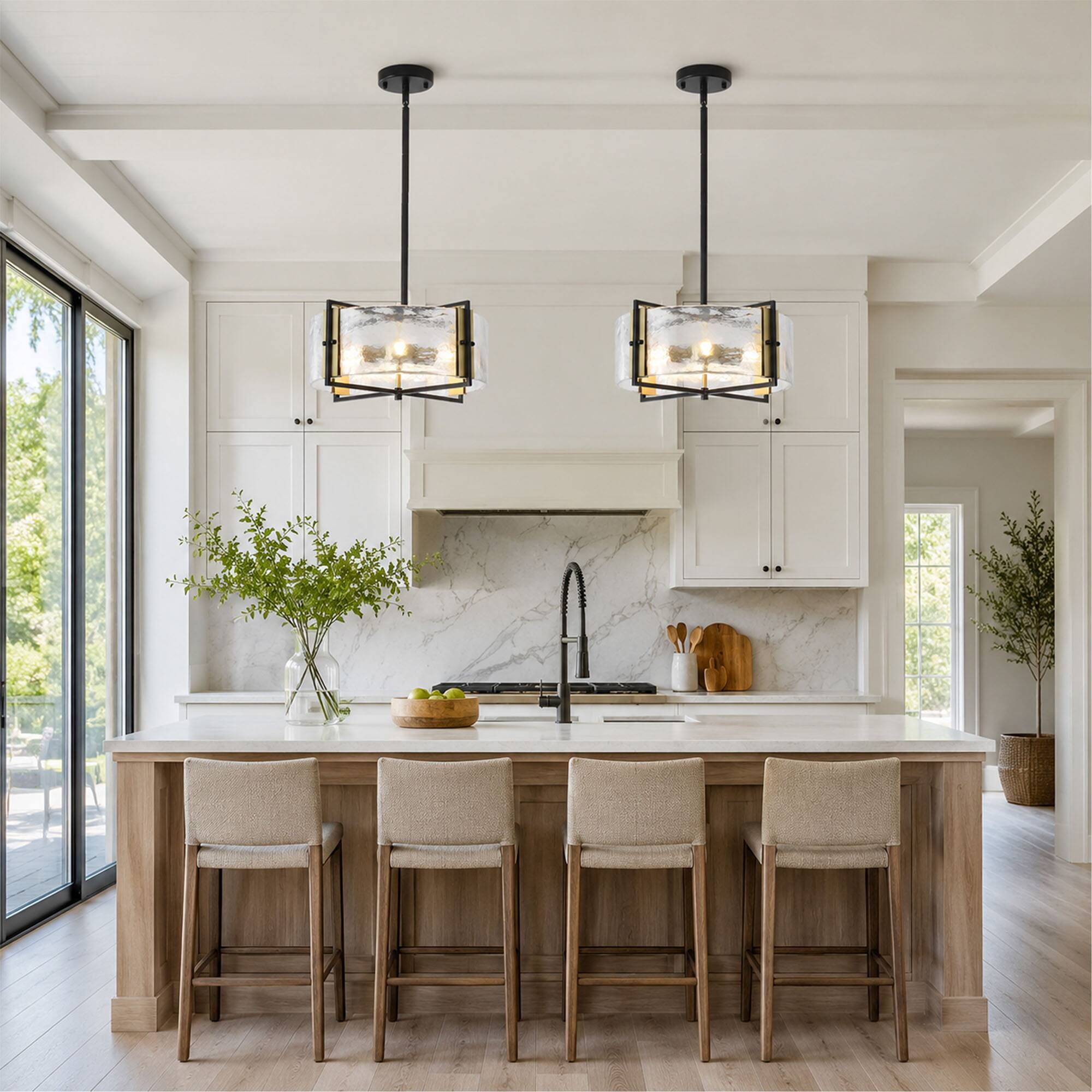 Left. RYHNUYNE - Modern Farmhouse 4-Light Black Chandelier, Adjustable Dimmable Pendant Light for Dining Room, Kitchen Island, Entryway - Black.