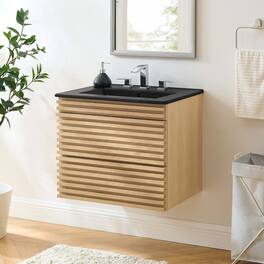 Modway - Render Wall-Mount Bathroom Vanity with Black Basin Included - Oak Black