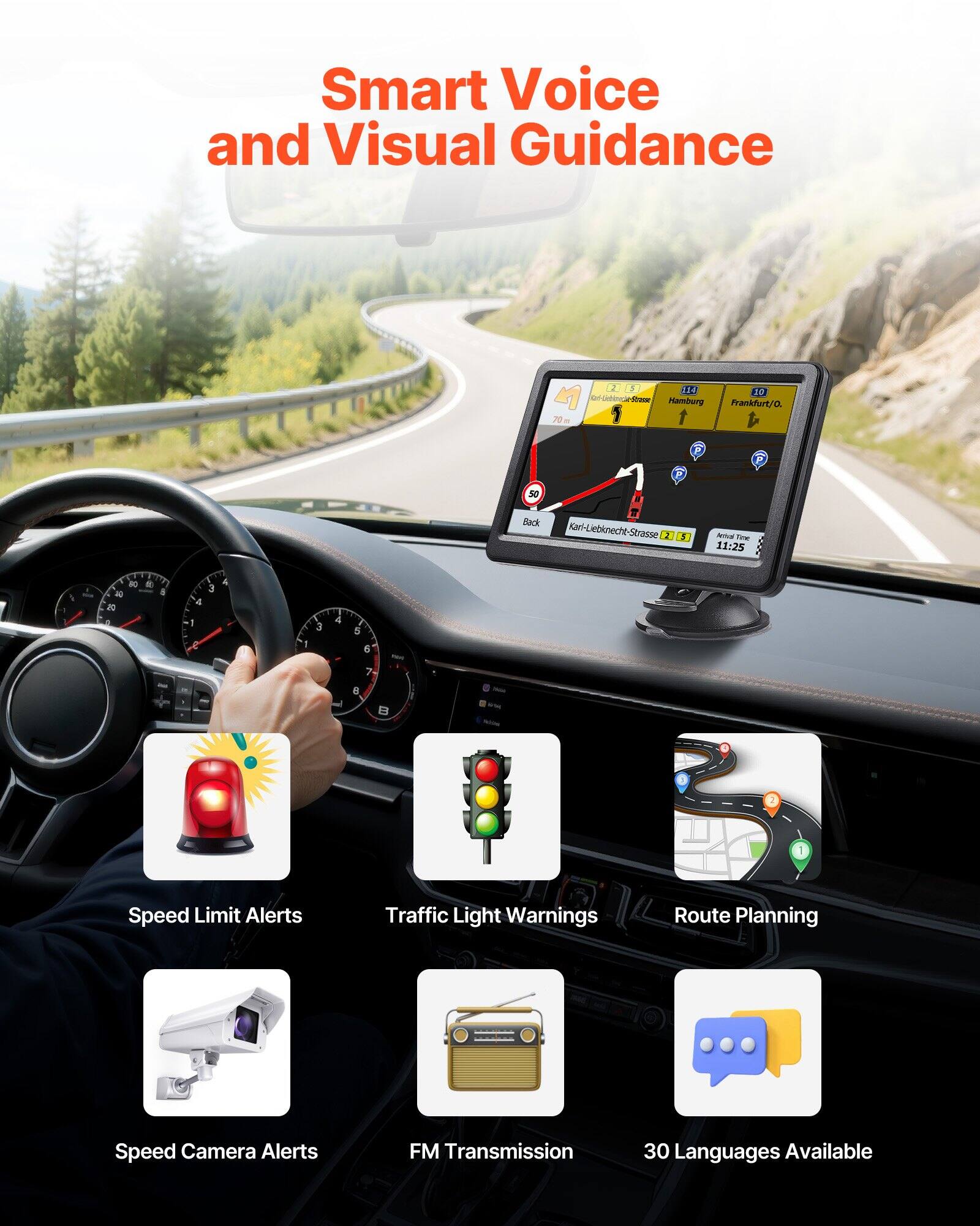 Smart Voice and Visual Guidance

- Speed Limit Alerts
- Traffic Light Warnings
- Route Planning
- Speed Camera Alerts
- FM Transmission
- 30 Languages Available