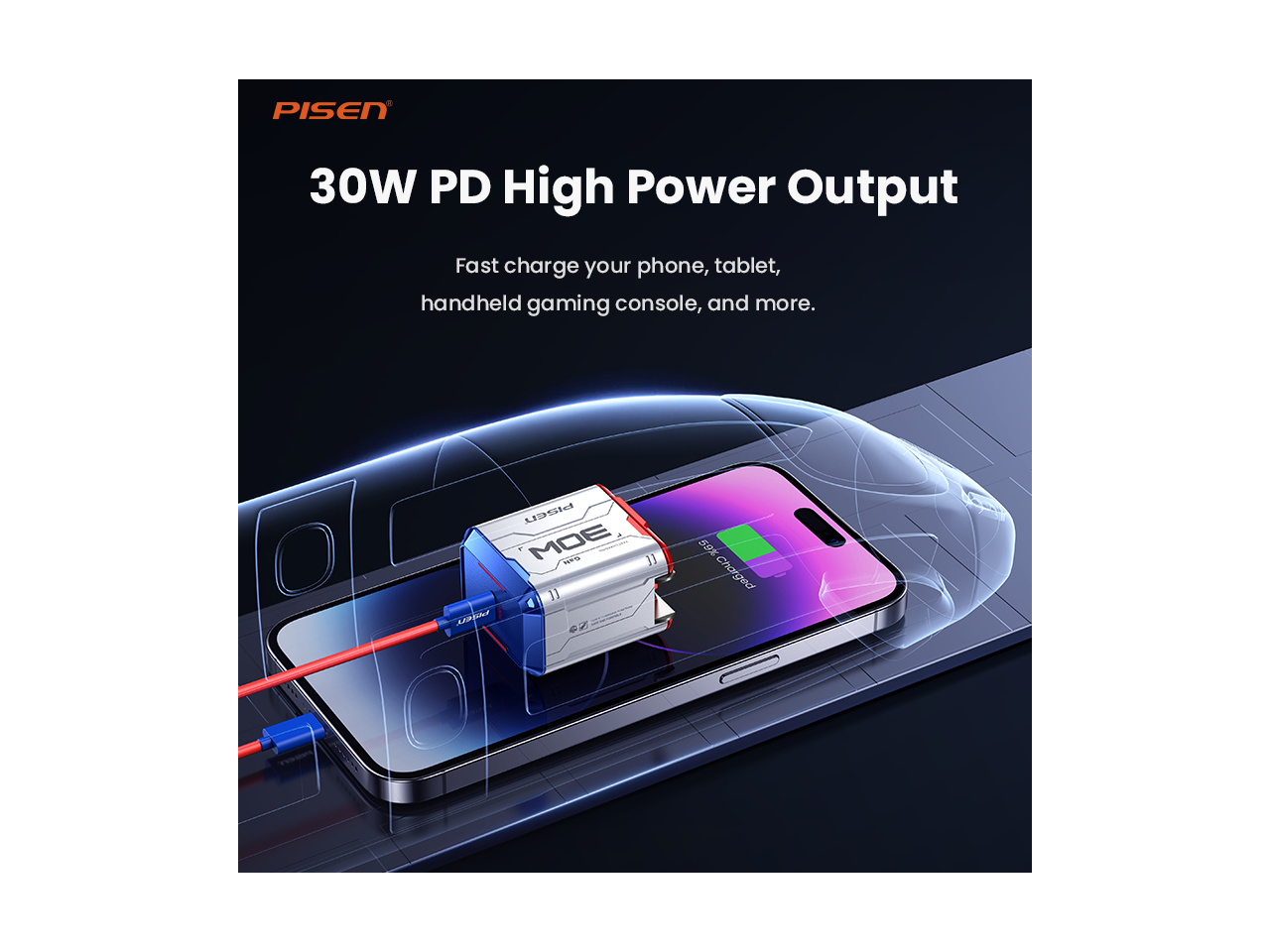 PISEN  
30W PD High Power Output  
Fast charge your phone, tablet, handheld gaming console, and more.  
PISCN 30M RES 11 11 PISCIT  
59% Charged