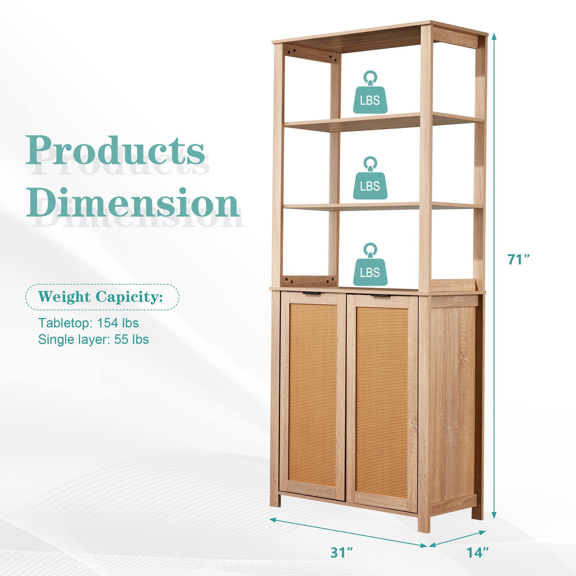 Products Dimension

Weight Capacity:
Tabletop: 154 lbs
Single layer: 55 lbs

Dimensions:
Height: 71"
Width: 31"
Depth: 14"