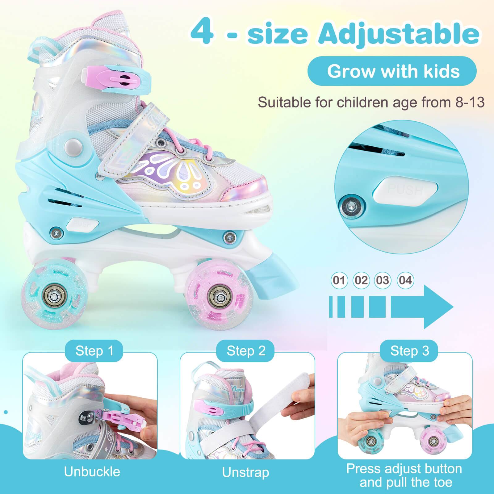 4 - size Adjustable  
Grow with kids  
Suitable for children age from 8-13  

Step 1  
Unbuckle  

Step 2  
Unstrap  

Step 3  
Press adjust button and pull the toe