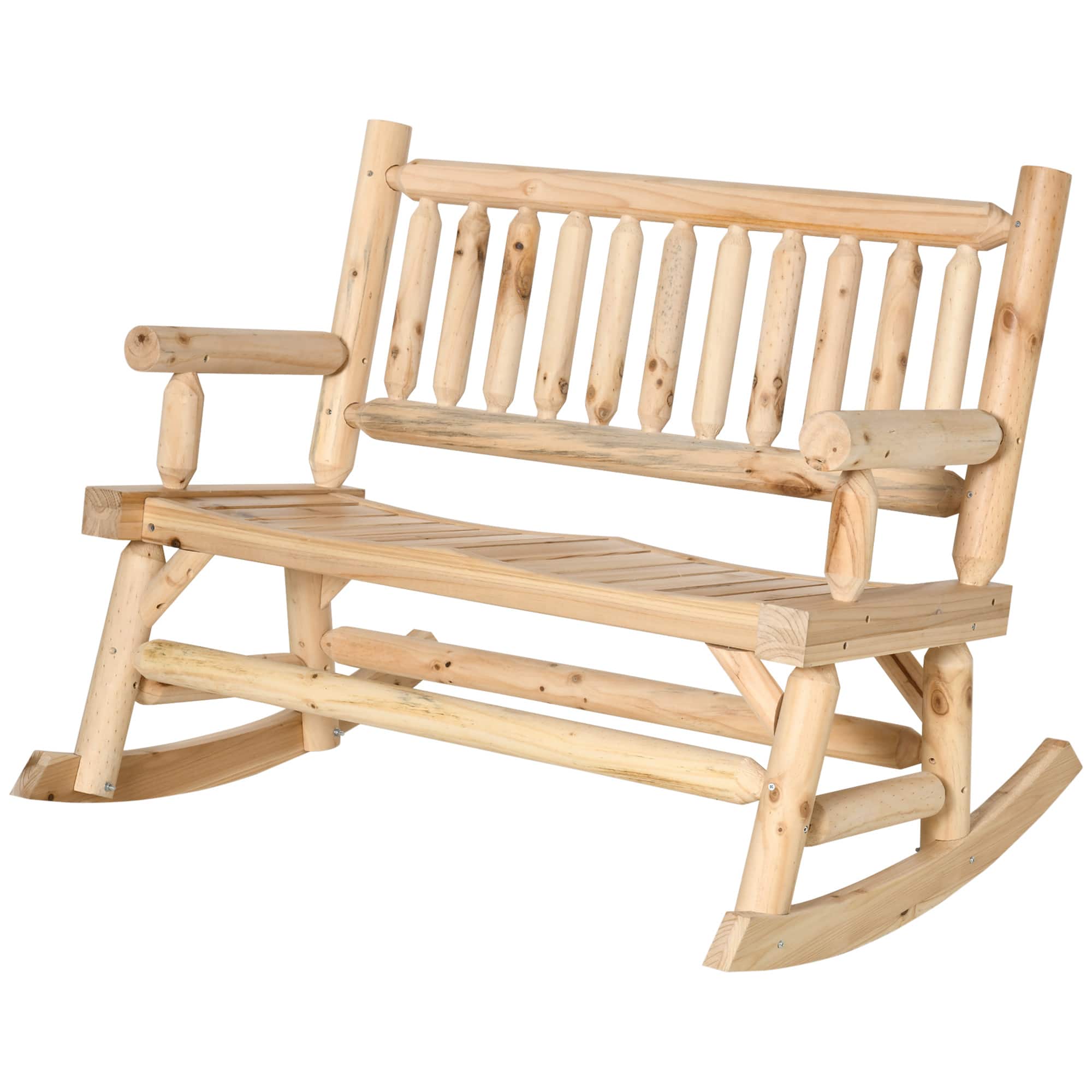 Outsunny - 2-Person Wood Rocking Chair with Log Design, Heavy Duty Loveseat with Wide Curved Seats for Patio, Backyard - Natural Wood
