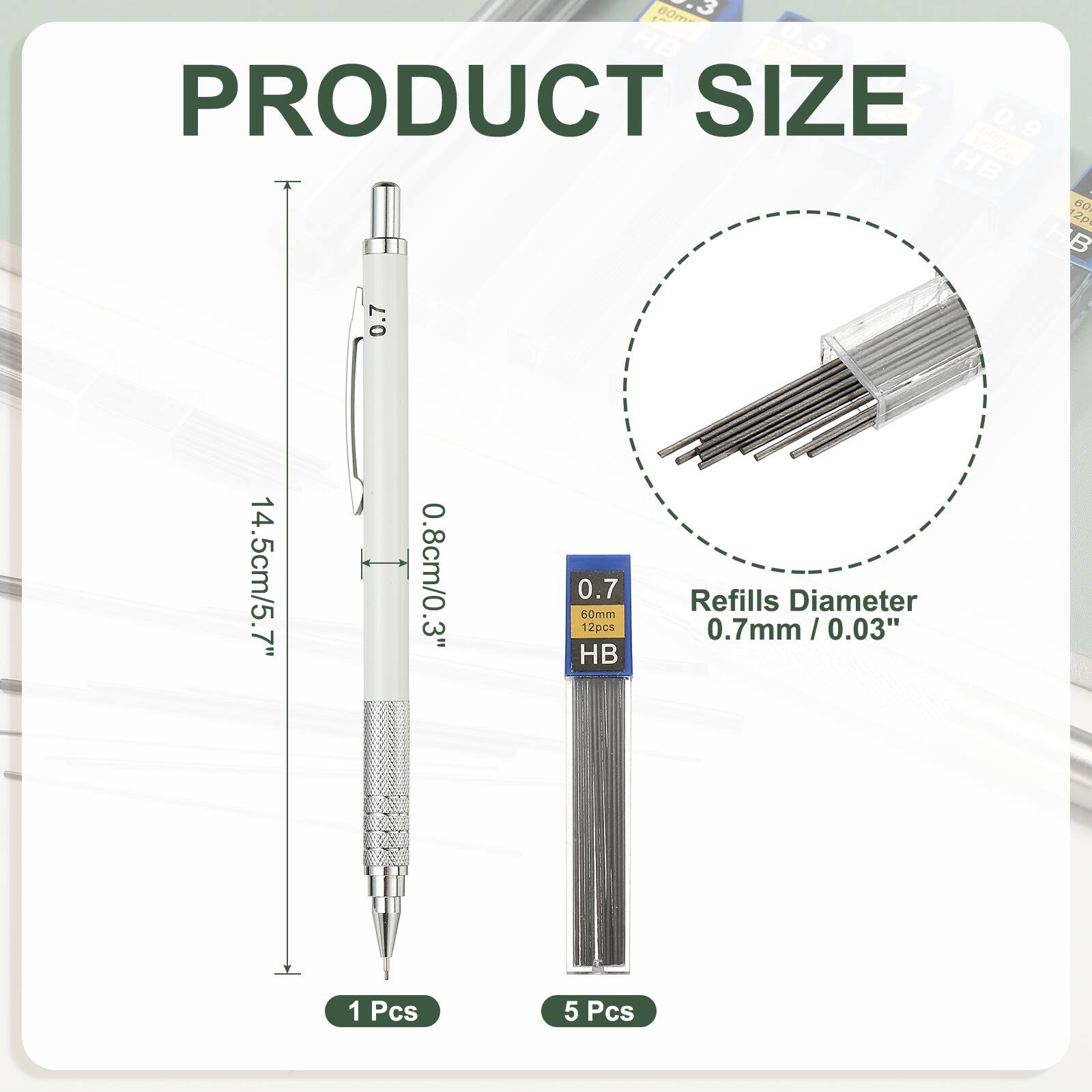 B0m HB 0.5 5 PRODUCT SIZE 0.9 e HB - 60 2p HB 0.7 14.5cm/5.7" 0.8cm/0.3" 0.7 60mm 12pcs HB Refills Diameter 0.7mm / 0.03" 1 Pcs 5 Pcs