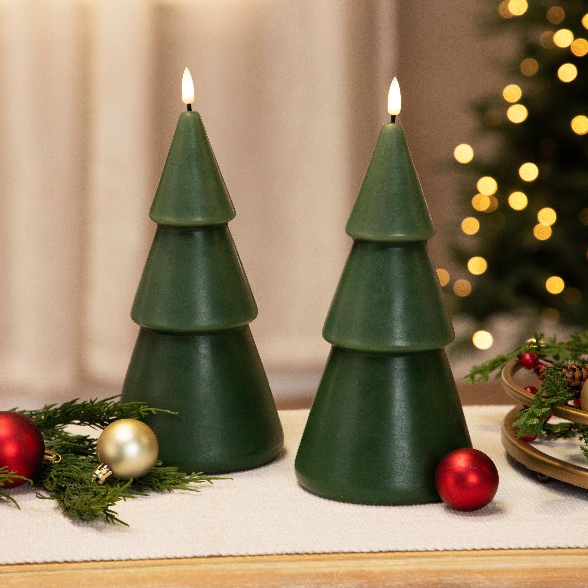 Front. Northlight - Flameless LED Flickering  Christmas Tree Wax Candles - 10.5" - Green - Set of 2.