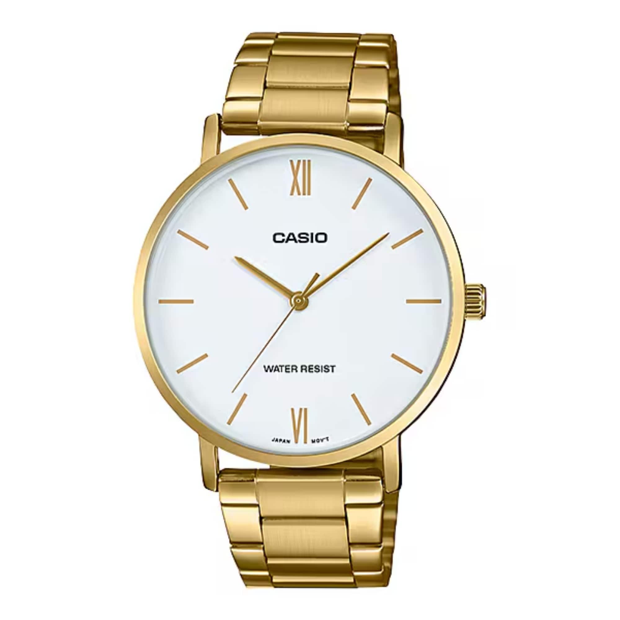 Casio - Men’s Tone Analog Watch with White Dial - MTP-VT01G-7BUDF - Gold
