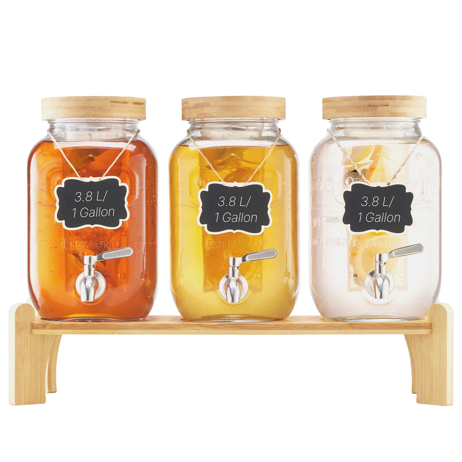 VEVOR - Beverage Dispenser, 3 Pack 1 Gallon Drink Dispensers for Parties, Glass Juice Dispenser with Wood Stand - Transparent