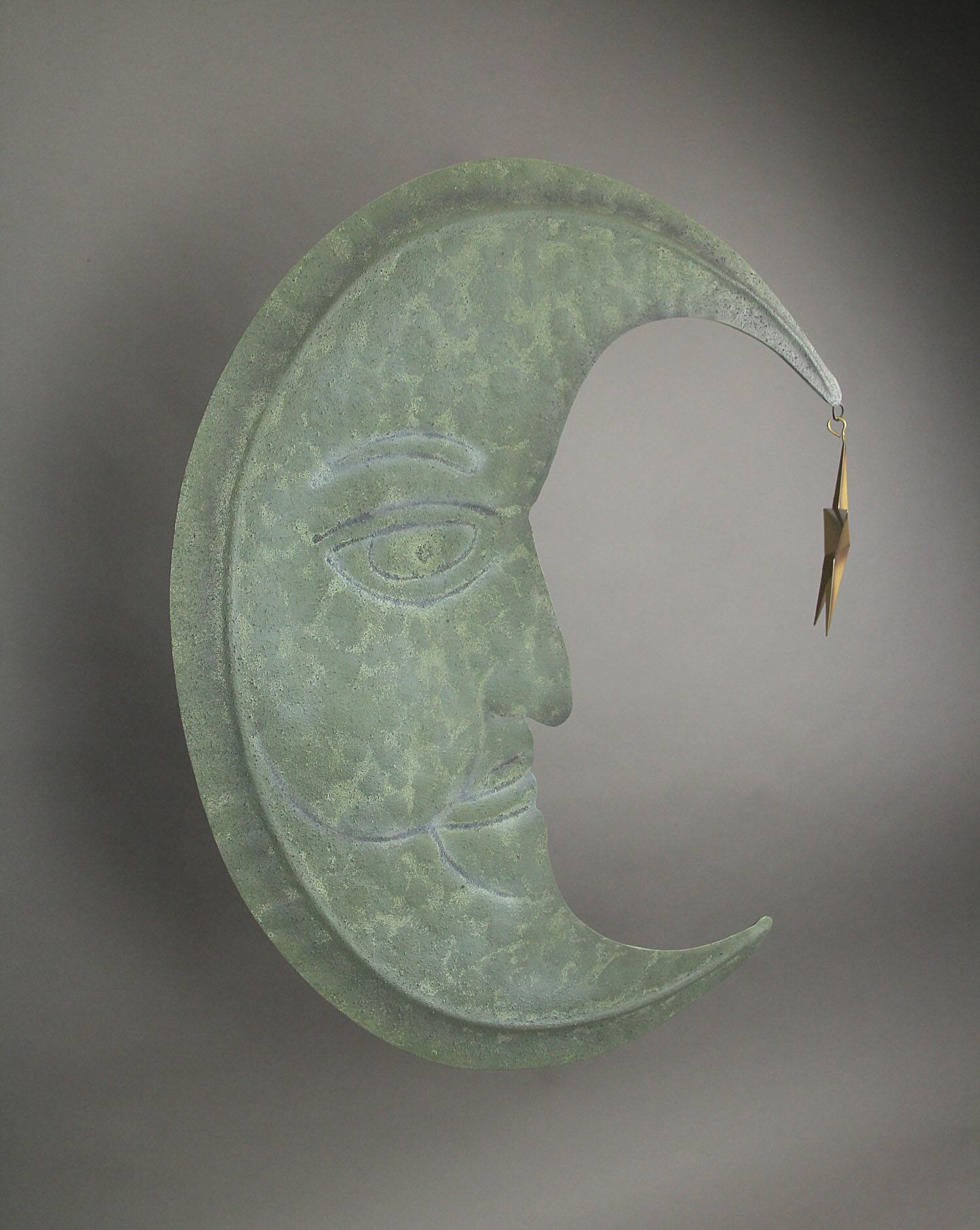 Alt View 2. Zeckos - Weathered Verdigris Green Finish Metal Crescent Moon Wall Hanging Star Dangler - Green.