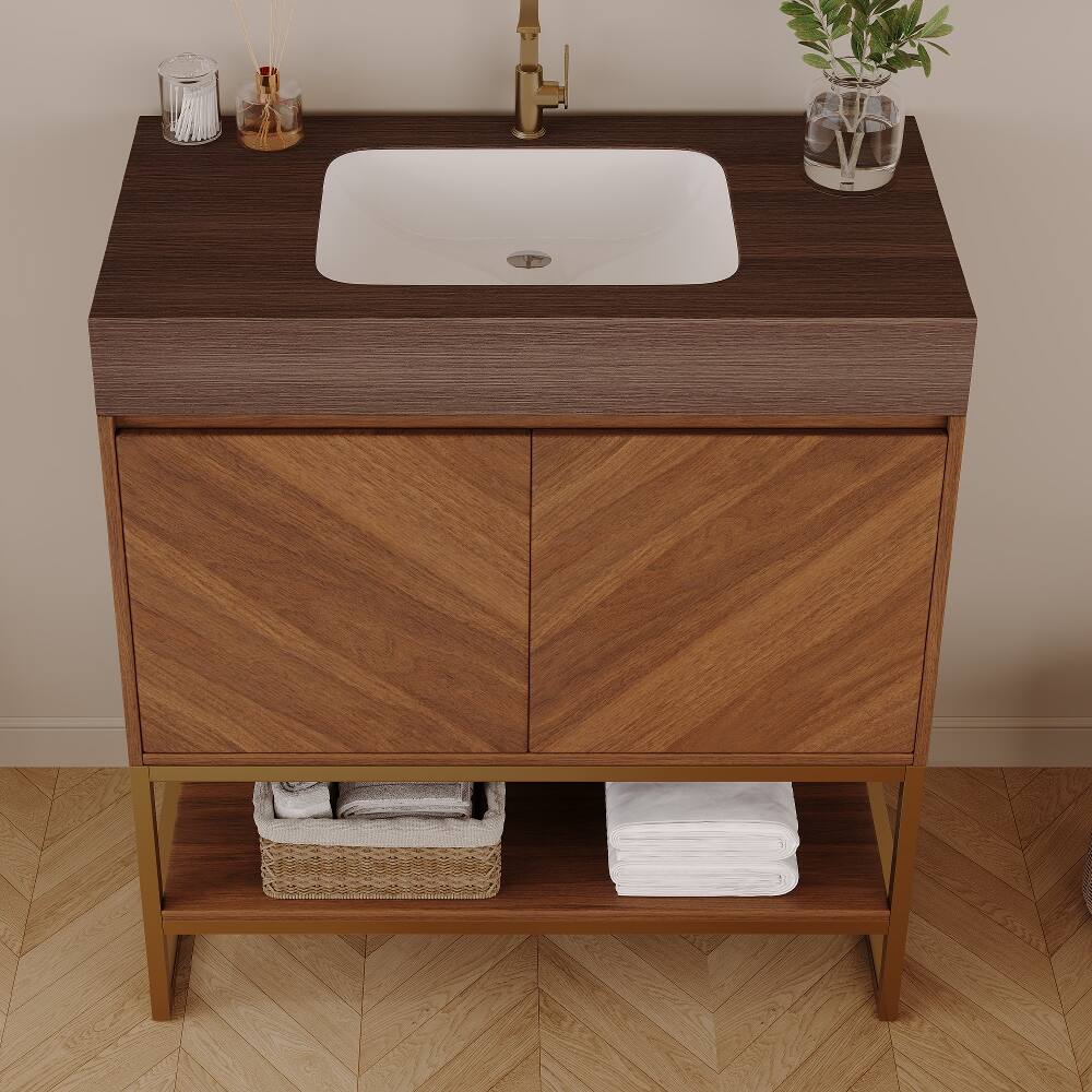 Left. Loheer - Loheer 29.9 inch modern freestanding bathroom vanity with Ceramic Sink Brown Oak - Brown.