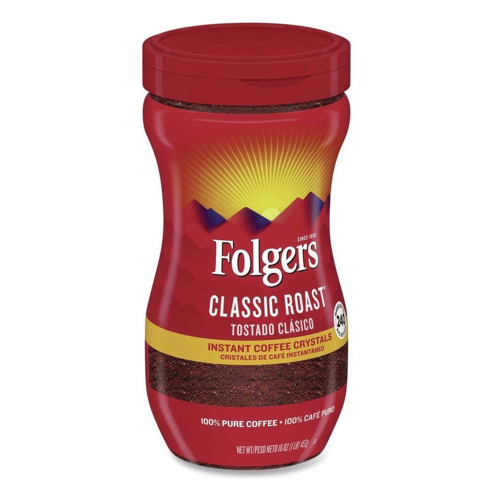 SINCE 1850  
Folgers  
CLASSIC ROAST  
TOSTADO CLÁSICO  
INSTANT COFFEE CRYSTALS  
CRISTALES DE CAFÉ INSTANTÁNEO  
100% PURE COFFEE  
100% CAFÉ PURO  
NET WT 16 OZ (1 LB) 453g