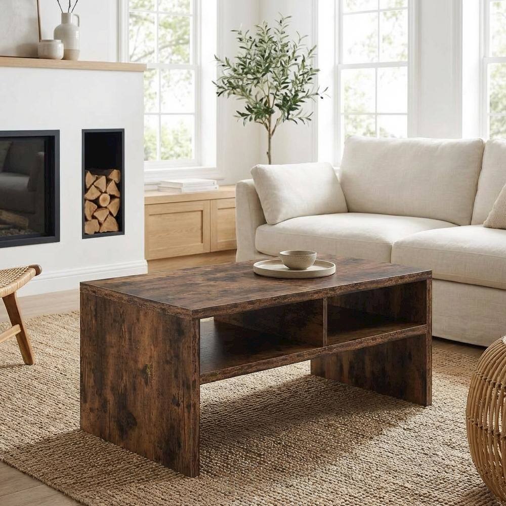 Back. FurniFact - Barnwood Coffee Table with Shelves Honeycomb Construction Durable Design - Barnwood.