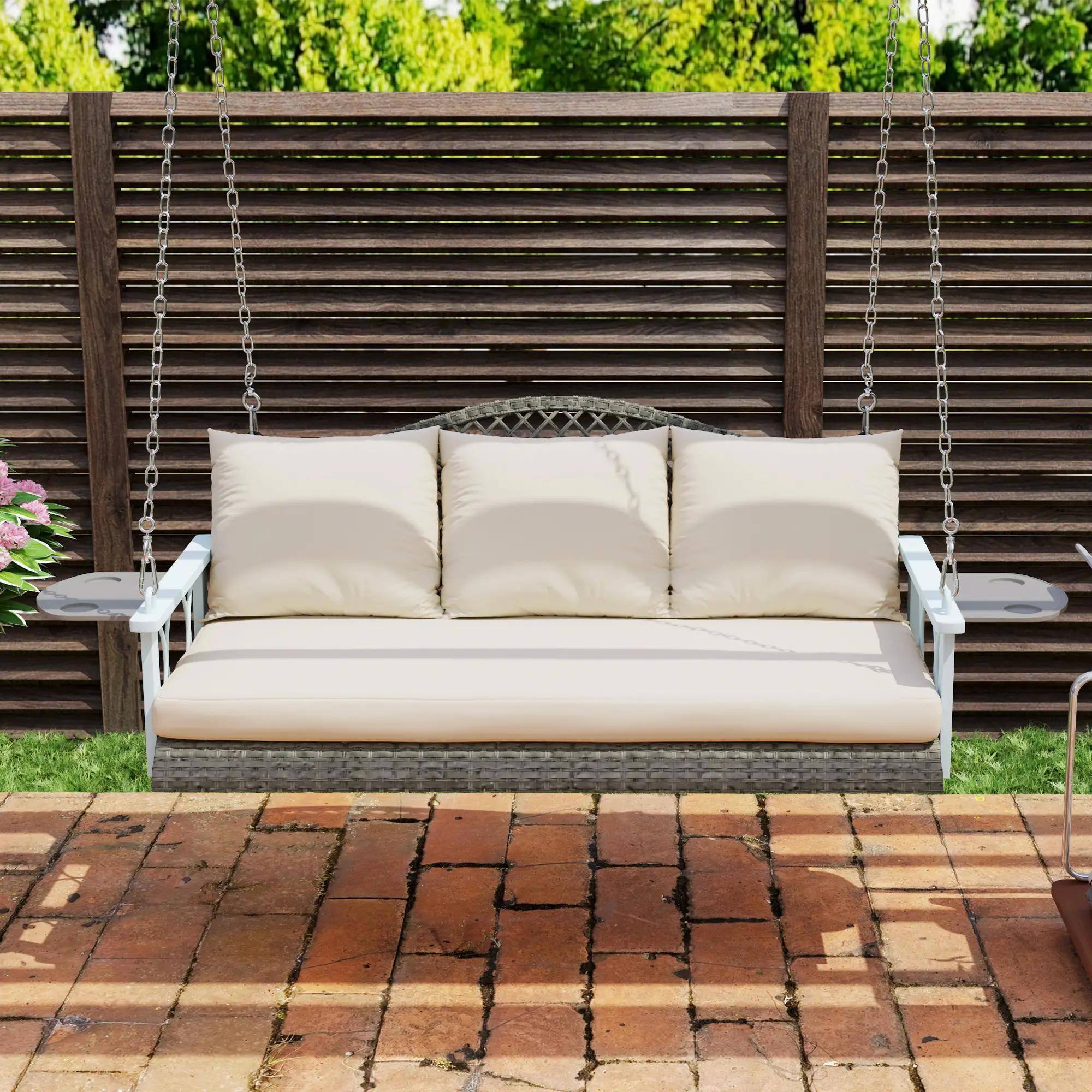 Alt View 1. Resenkos - Resenkos 3-Person Wicker Swing Bench, Outdoor Patio, Porch, Natural, Comfortable Cushions, Cup Holders, Natural Wood.