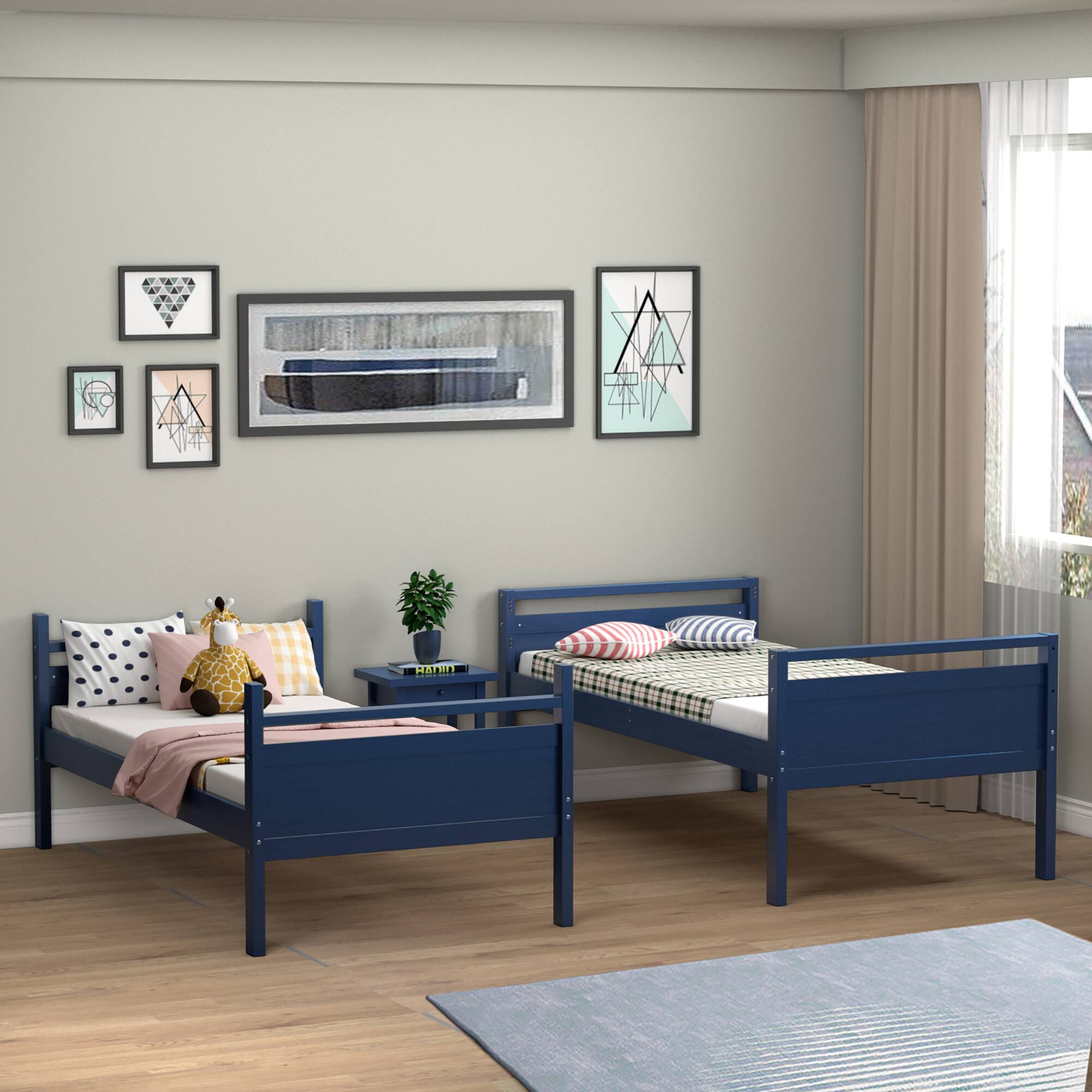 Alt View 3. Costway - Costway Twin Over Twin Bunk Bed Convertible 2 Individual Beds Wooden - Navy.