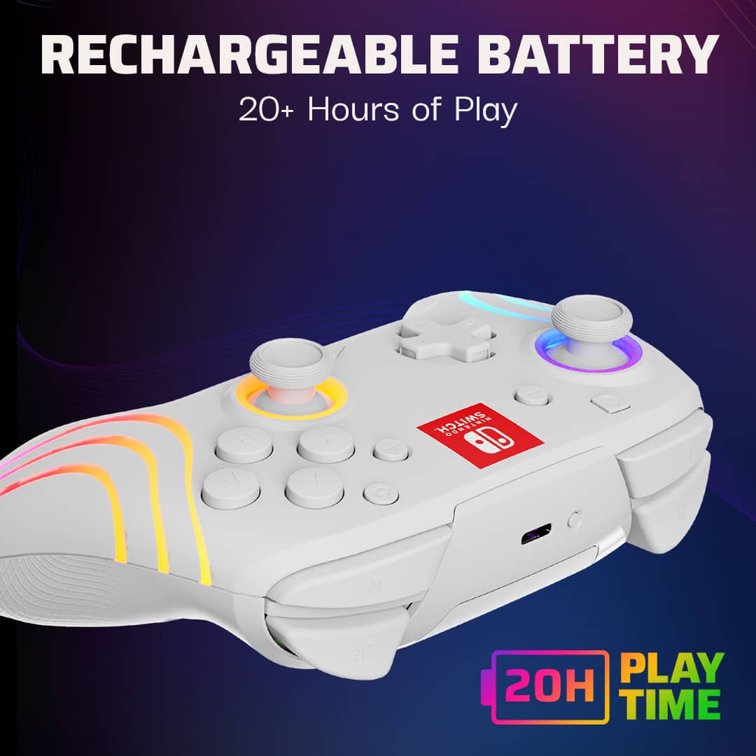 RECHARGEABLE BATTERY 20+ HOURS OF PLAY a 7 x SWITCH THIM SRI ED S a az PLAY 20H TIME