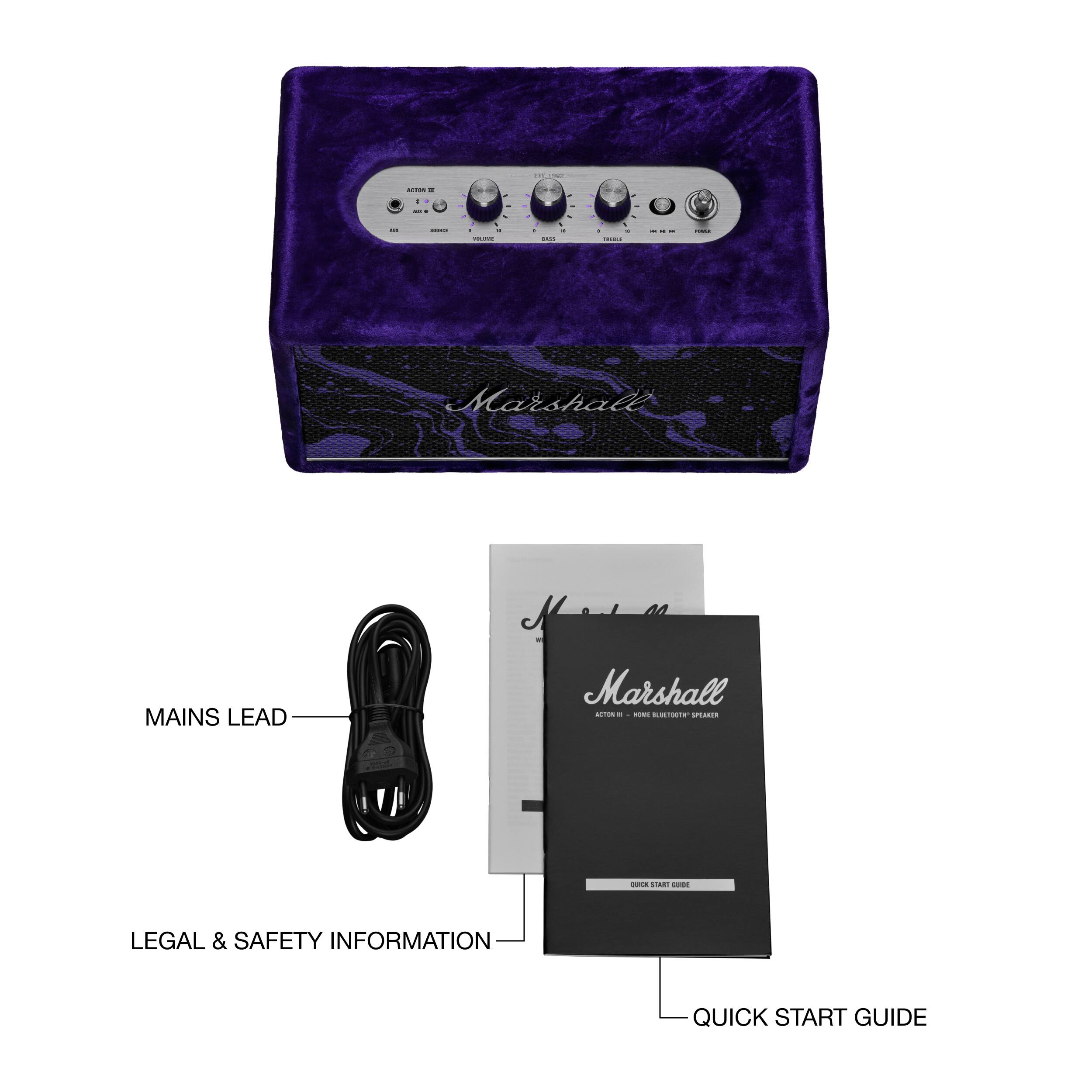 TM  
ACION 4 - All - - -  
- . - .  
- . 1  
. - .  
- . -  
. % 1 .  
- - -  

NOCHIE  
BAGS  
and  
Marshall  
MAINS LEAD  
Marshall ACTION 4 NOWS BLUETOOTH SPEAKER  
QUICK START GUIDE  
LEGAL & SAFETY INFORMATION