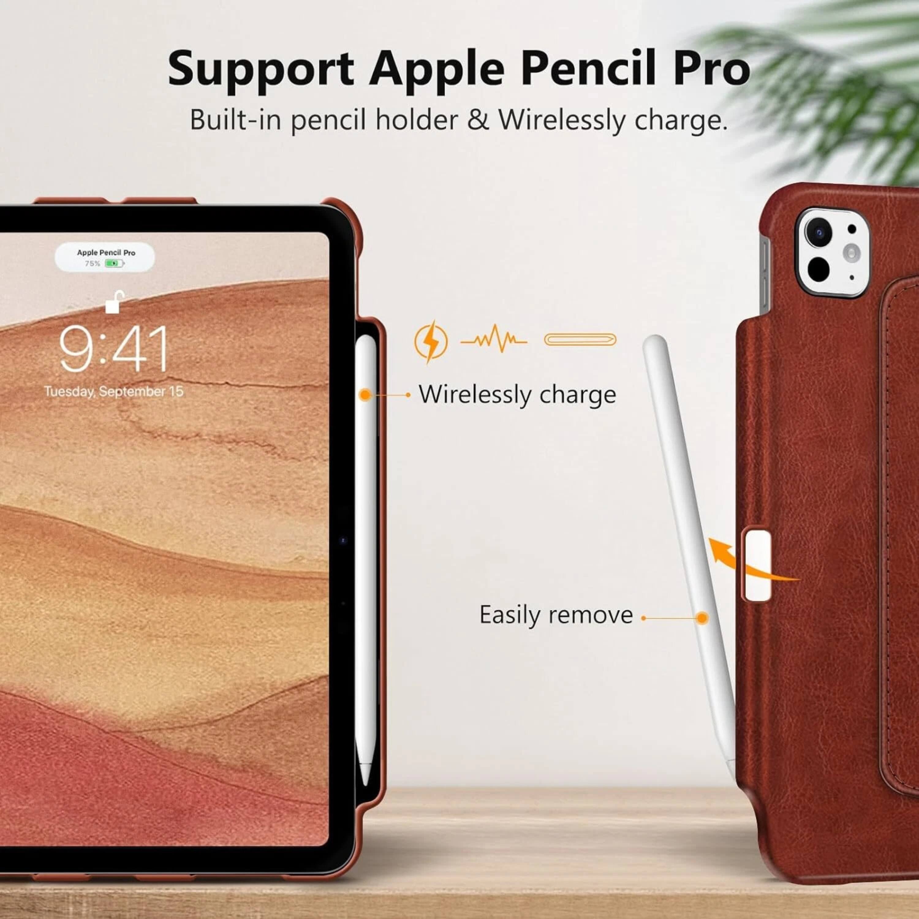Support Apple Pencil Pro  
Built-in pencil holder & Wirelessly charge.

9:41  
Tuesday, September 15

- Wirelessly charge
- Easily remove