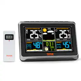 VEVOR - Weather Station Indoor Outdoor, 7.5 in Color Display, Wireless Digital Home Weather Station, with Sensor Atomic Clock - Black