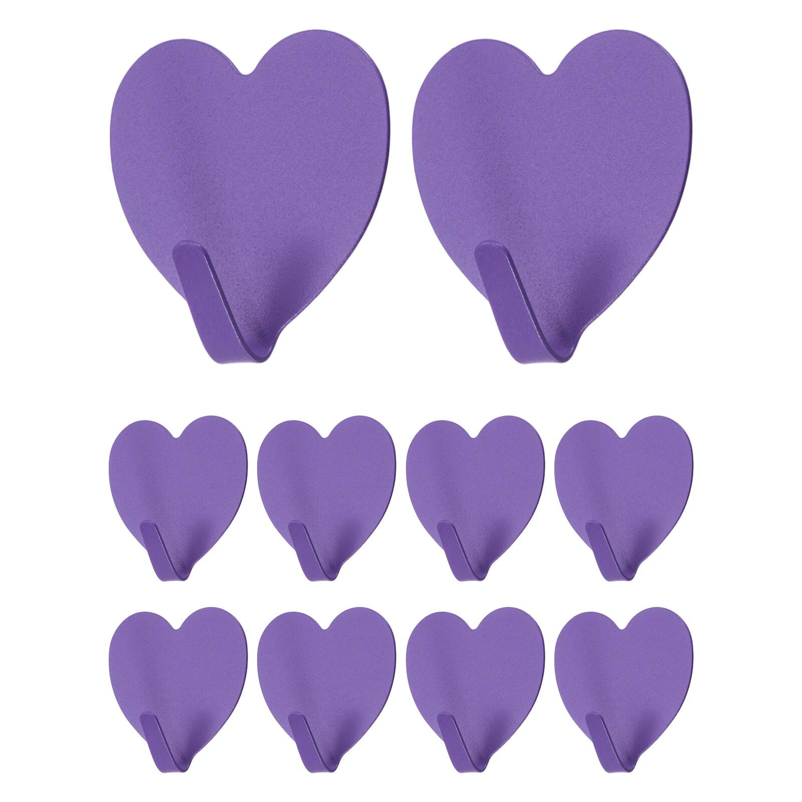 Front. Unique Bargains - 10pcs Heart Shaped Wall Hooks, Metal Adhesive Towel Hook, Heavy Duty Sticky for Bathroom Kitchen Office Keys Coats - Purple.
