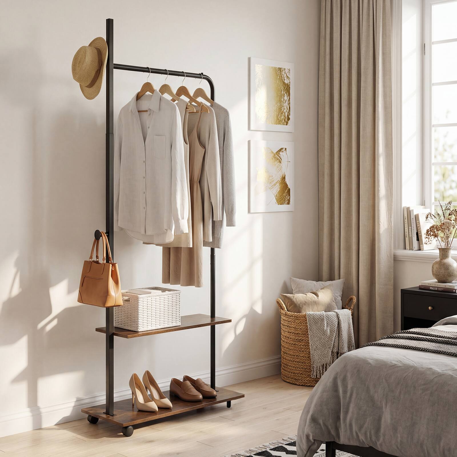 Alt View 5. Costway - Costway Freestanding Clothing Rack with Wheels, Wooden Garment Rack with Hanging Rod - Rustic Brown+ Black.