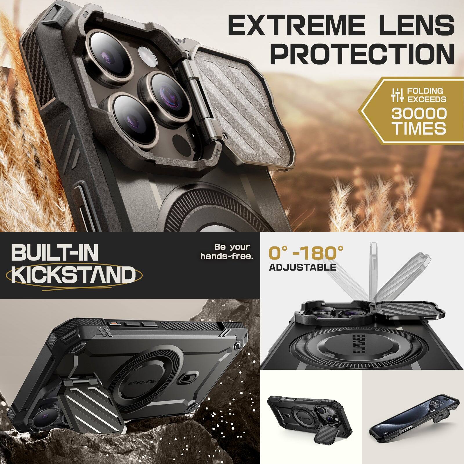 EXTREME LENS PROTECTION + FOLDING TT+ EXCEEDS 30000 TIMES BUILT-IN KICKSTAND. Be your hands-free. 0°-180° ADJUSTABLE. SUPCASE ERV.
