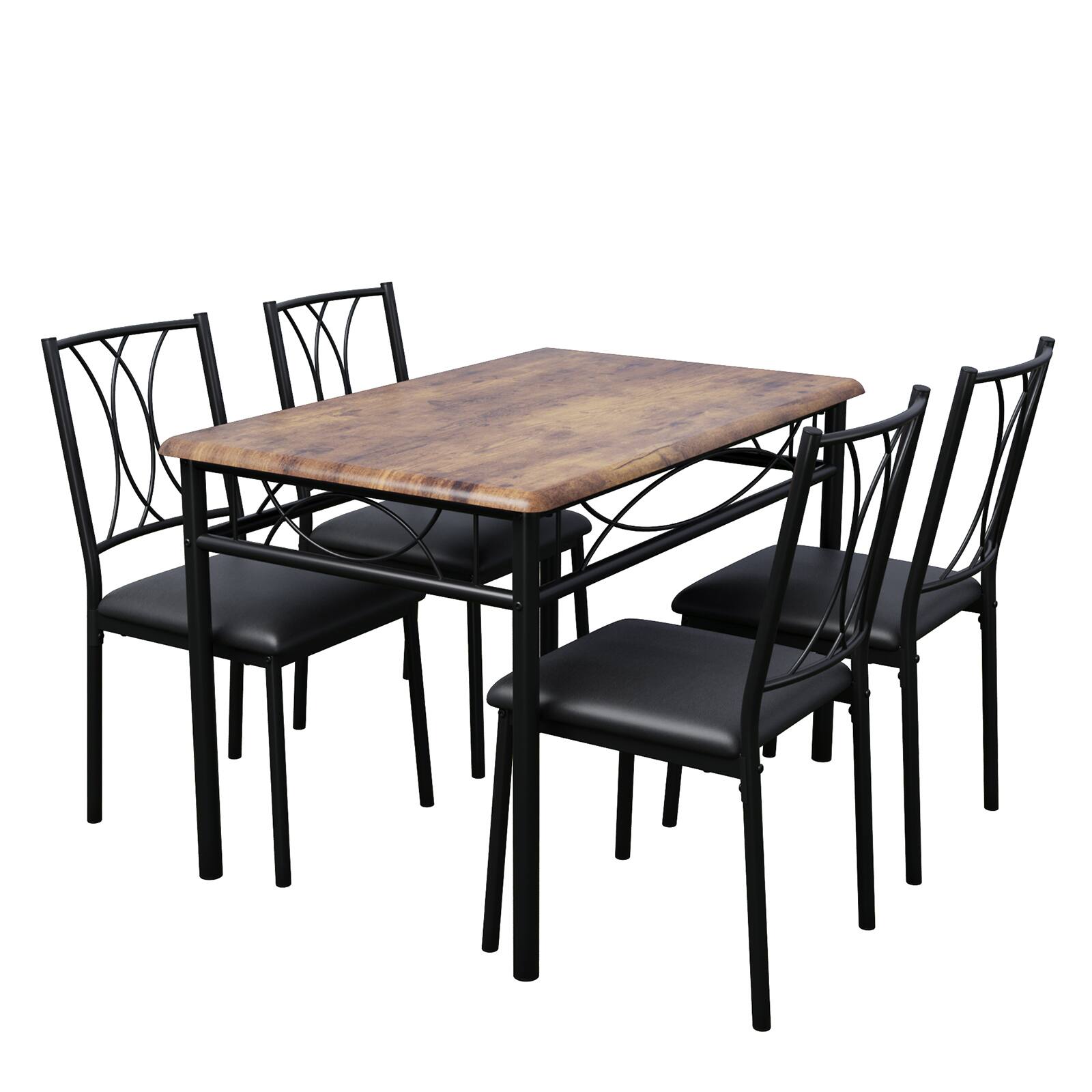 Babevy - Rustic Dining Table Set for 4, 5-Piece Rectangular Table and Padded Metal Frame Chairs, Small Spaces - Brown