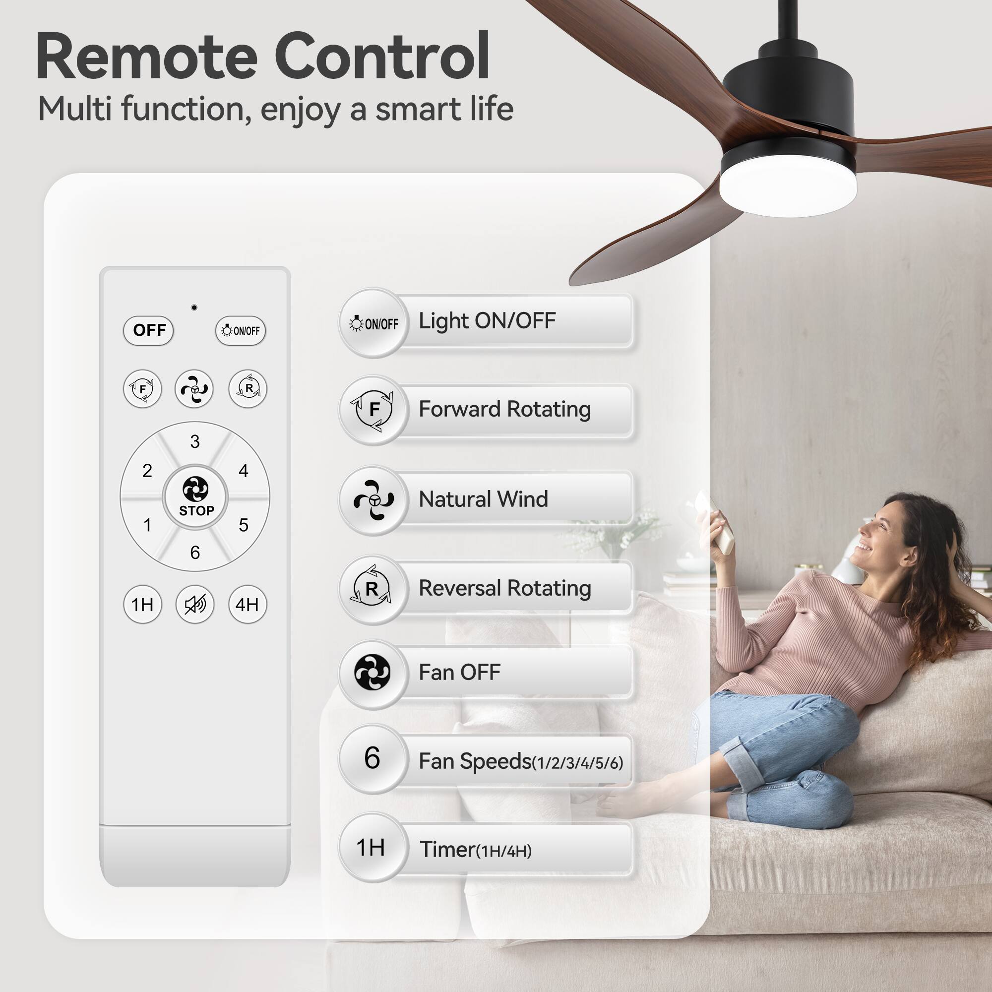 Remote Control  
Multi function, enjoy a smart life  

- OFF  
- ON/OFF  
- Light ON/OFF  
- Forward Rotating  
- Natural Wind  
- Reversal Rotating  
- Fan OFF  
- Fan Speeds (1/2/3/4/5/6)  
- Timer (1H/4H)