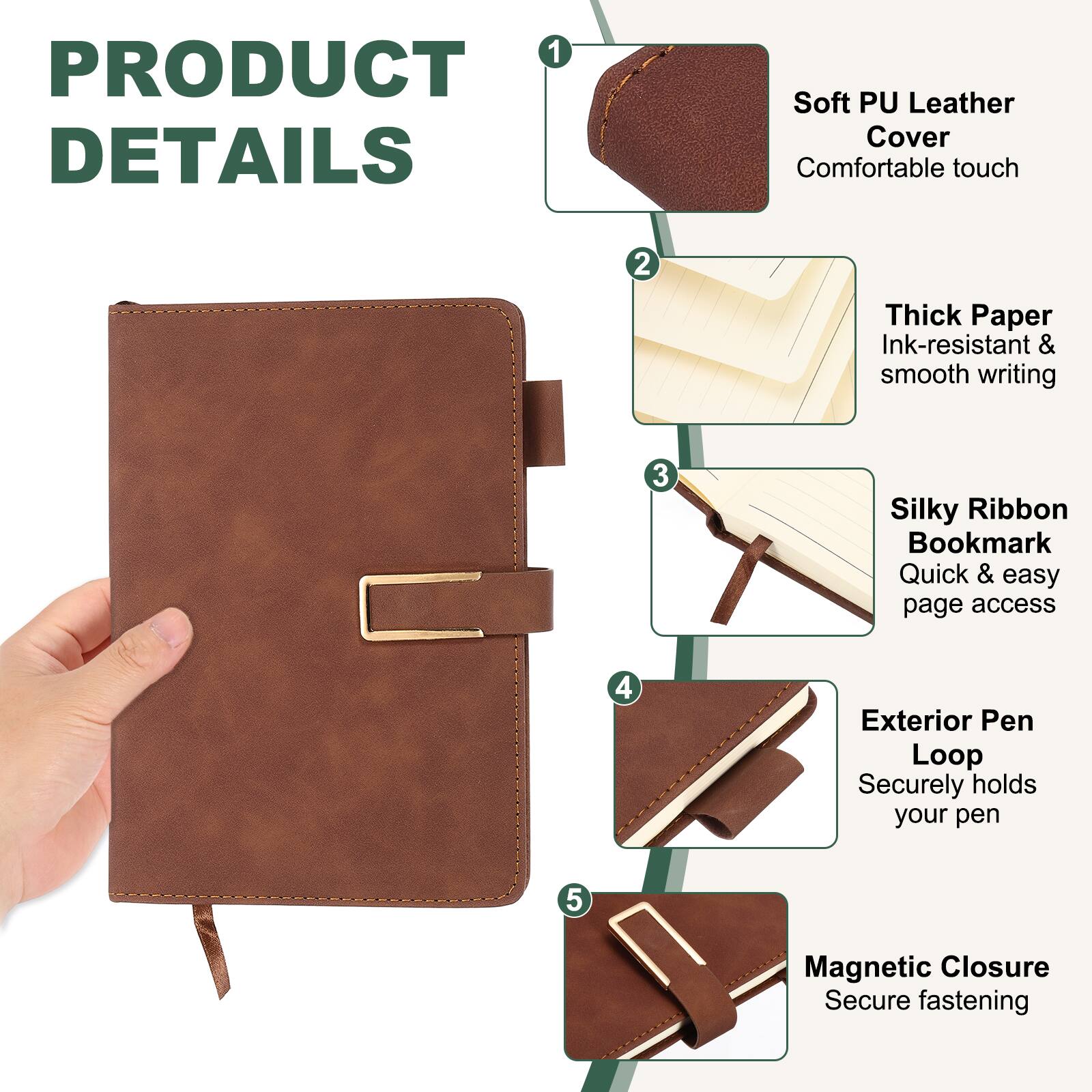 1. PRODUCT DETAILS
2. Soft PU Leather Cover - Comfortable touch
3. Thick Paper - Ink-resistant & smooth writing
4. Silky Ribbon Bookmark - Quick & easy page access
5. Exterior Pen Loop - Securely holds your pen
6. Magnetic Closure - Secure fastening
