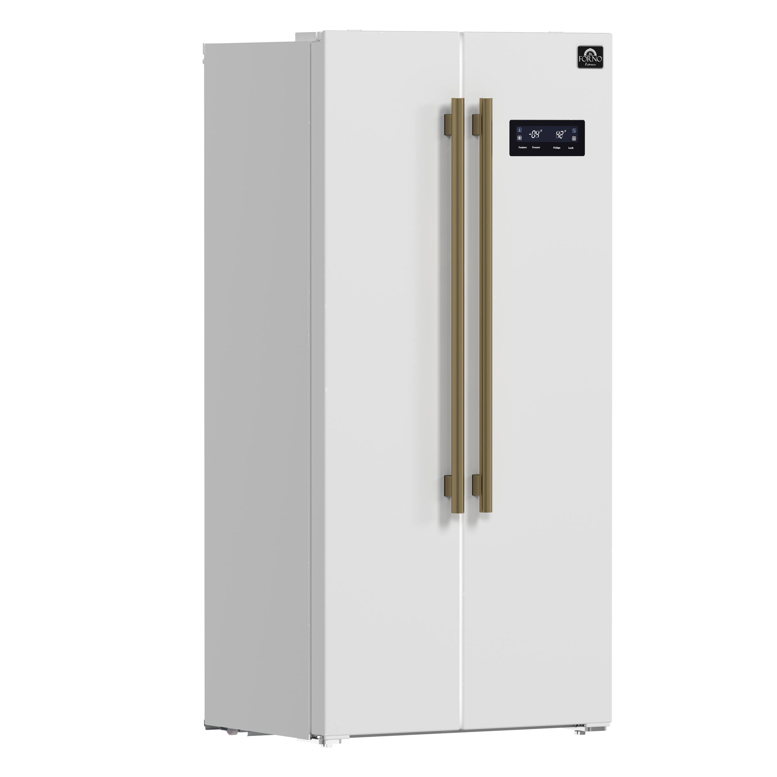 Angle. Forno Appliances - Salerno 15.6 Cu. Ft. Freestanding Counter-Depth Side-by-Side Refrigerator with Customizable Handles in Antique Brass - White.