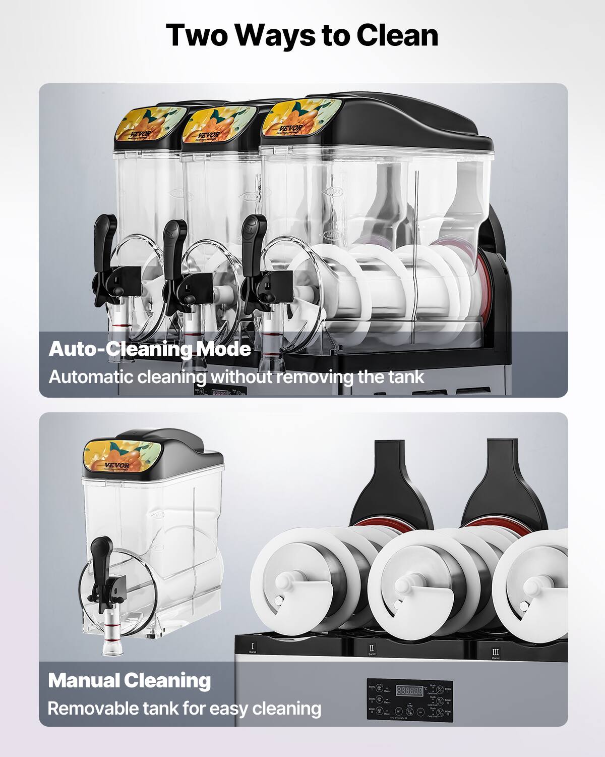 Two Ways to Clean

FEVOR VEVON Auto-Cleaning Mode
Automatic cleaning without removing the tank

Manual Cleaning
Removable tank for easy cleaning