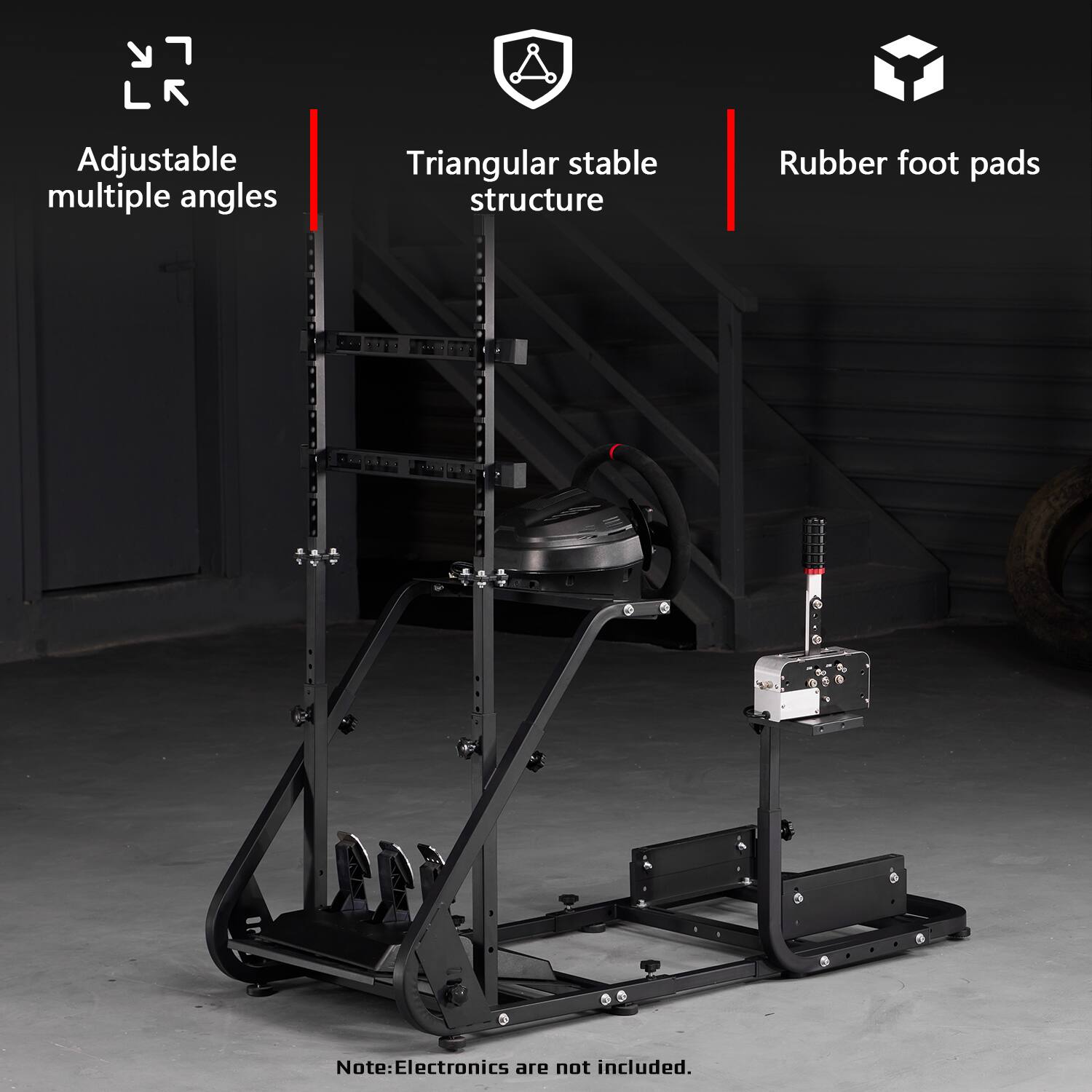 Adjustable multiple angles  
Triangular stable structure  
Rubber foot pads  

Note: Electronics are not included.
