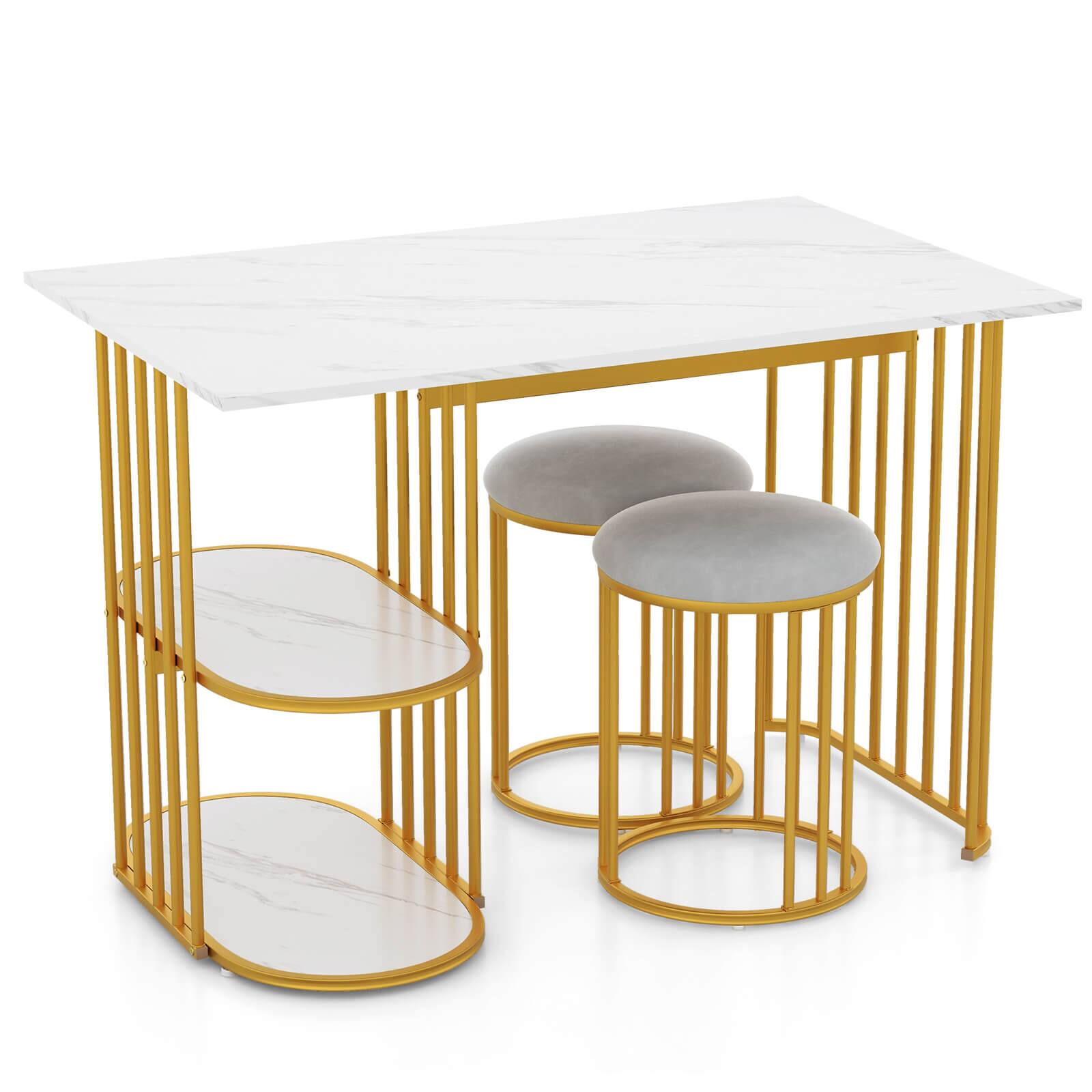 Alt View 17. Costway - 3 Piece Dining Table Set w/ 2 Stools 2-tier Storage Shelf Upholstered Seat - White and Gold.