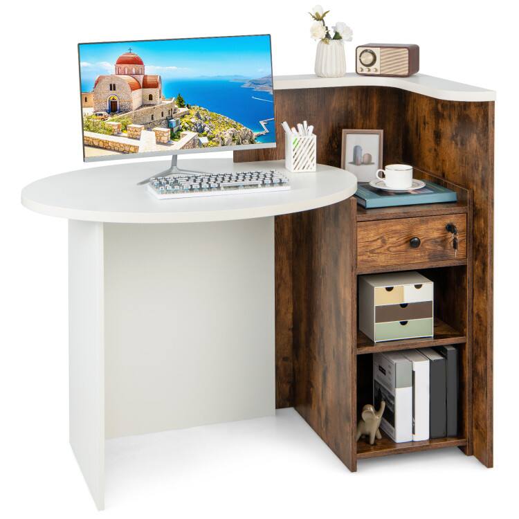 Front. SlickBlue - Reception Desk with Drawer and Open Shelf, Front Counter Table for Office, Salon, Clinic - Brown.
