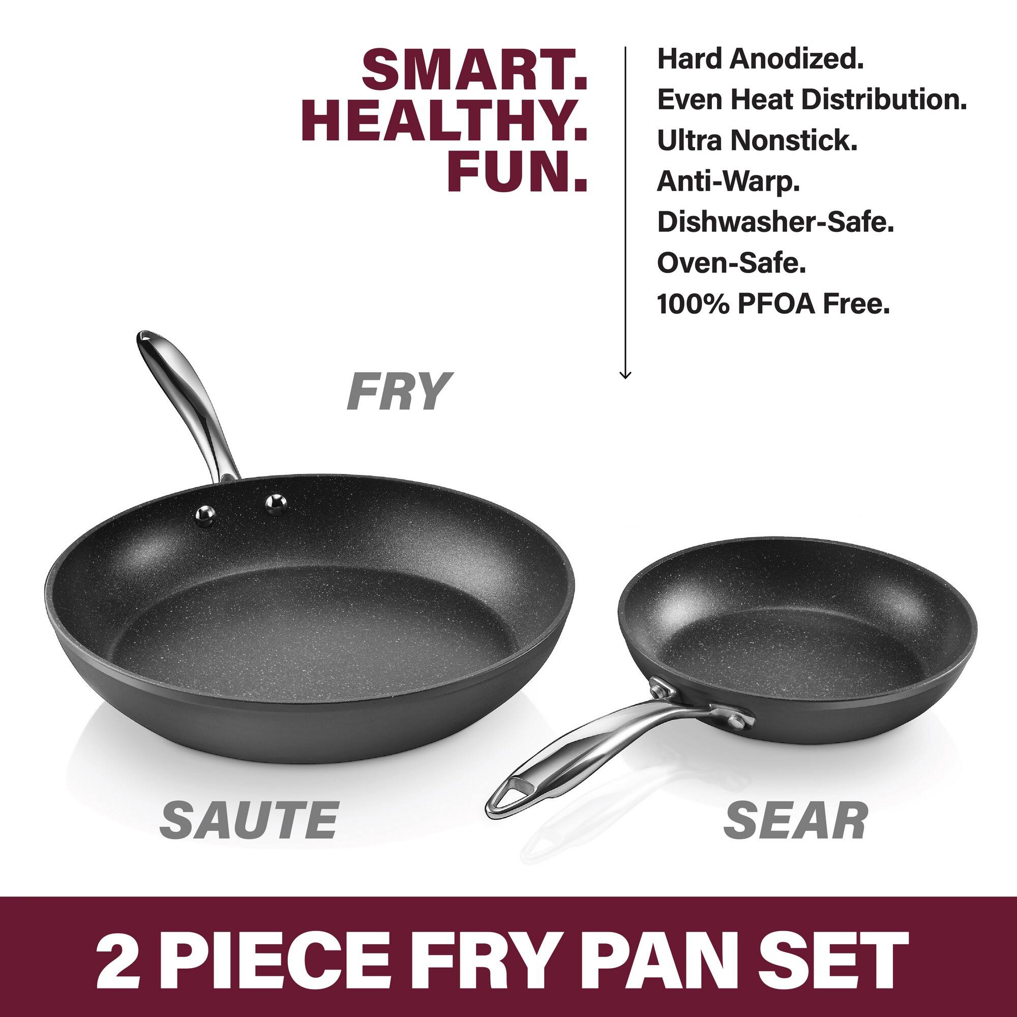 SMART. HEALTHY. FUN. Hard Anodized. Even Heat Distribution. Ultra Nonstick. Anti-Warp. Dishwasher-Safe. Oven-Safe. 100% PFOA Free. FRY SAUTE SEAR 2 PIECE FRY PAN SET