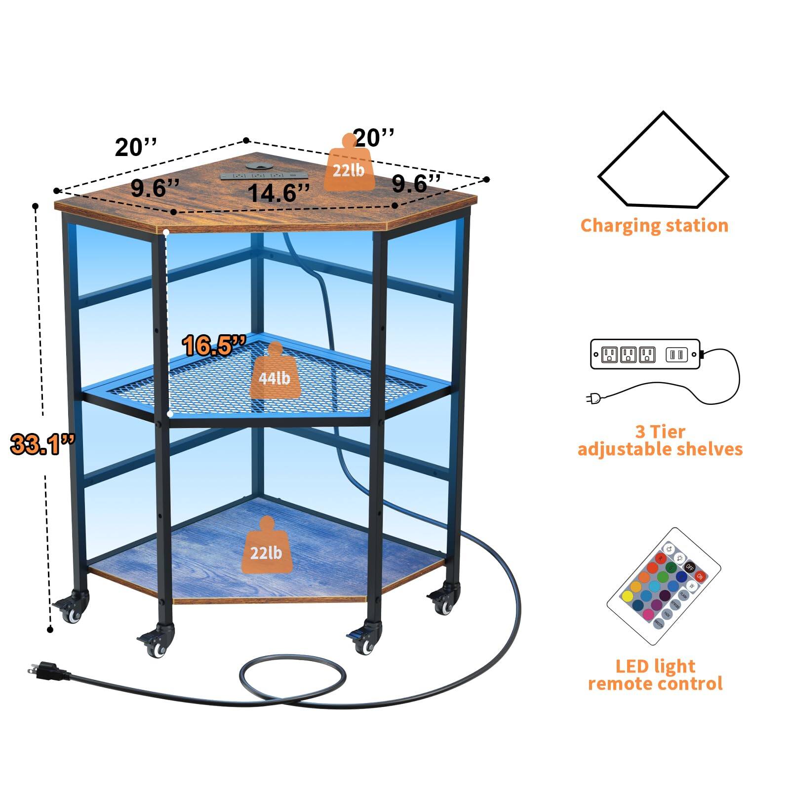 - 20" x 9.6" x 14.6" (top shelf)
- 20" x 9.6" x 14.6" (charging station)
- 16.5" x 33.1" (middle shelf)
- 3 Tier adjustable shelves
- 22lb capacity (top and bottom shelves)
- 44lb capacity (middle shelf)
- LED light remote control
