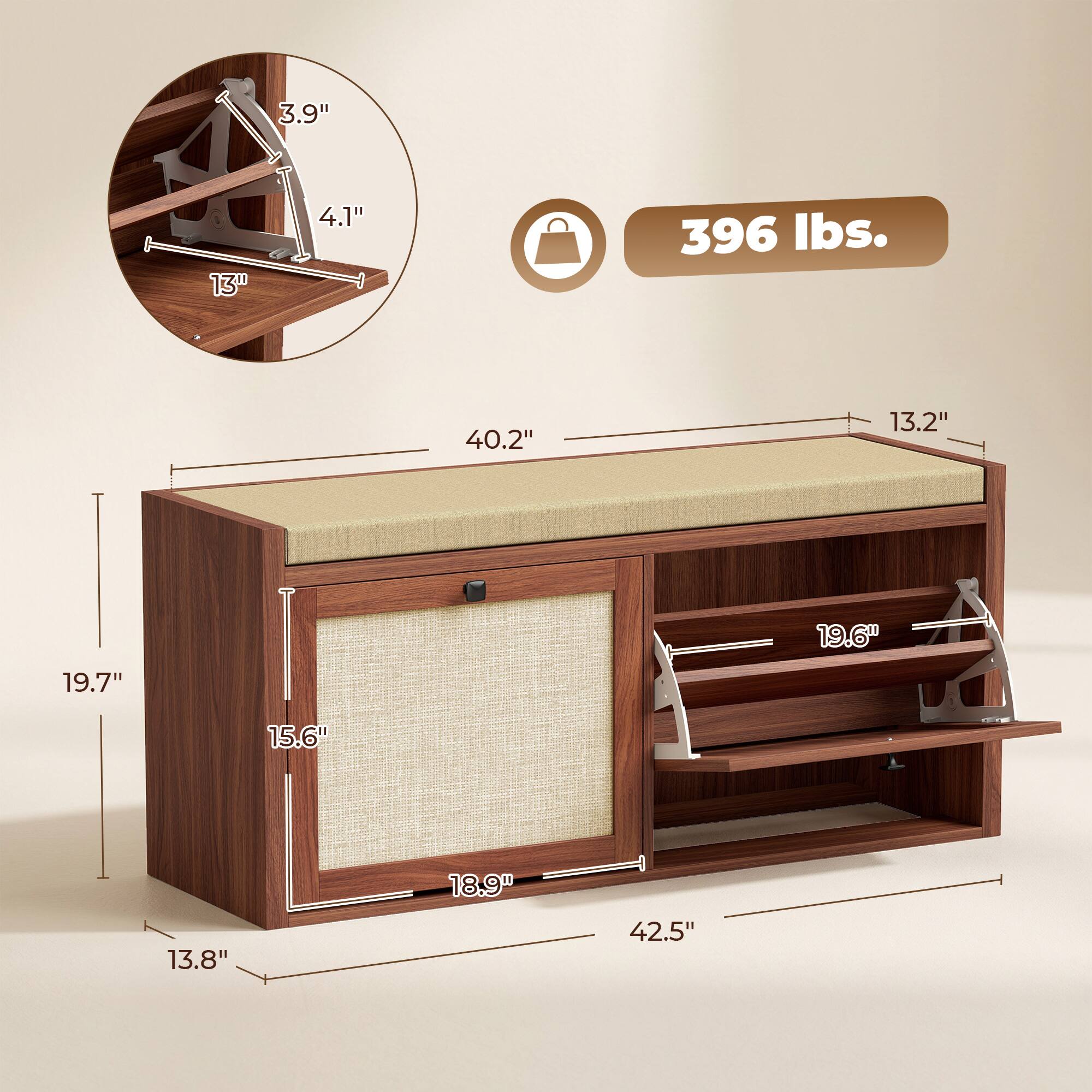 3.9" 13" 4.1" 396 lbs. 40.2" 13.2" 19.7" 19.6" 15.6" 13.8" 18.9" 42.5"