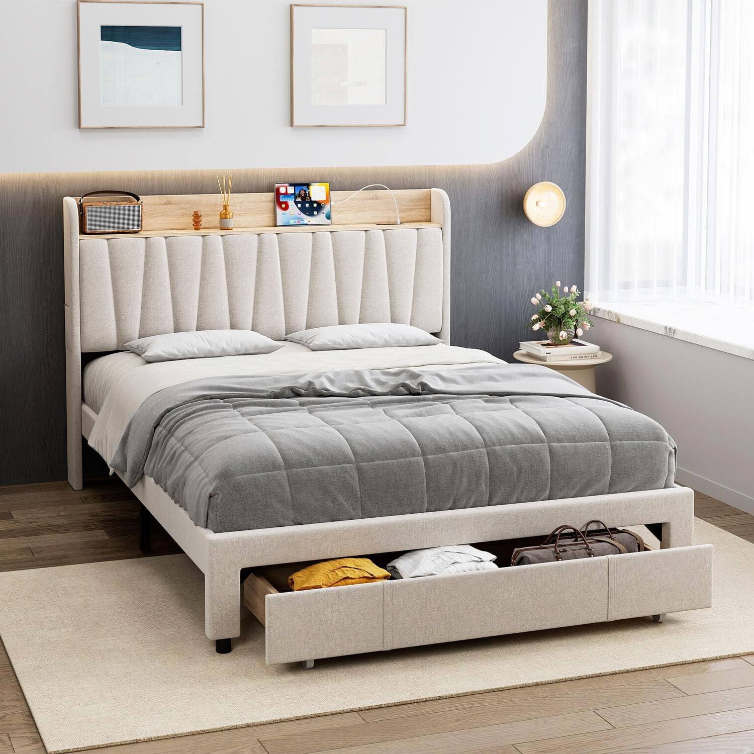 Left. GARVEE - Full Size Bed Frame Storage Headboard Platform Drawers Charging Station Easy Assembly Beige - Beige Full.