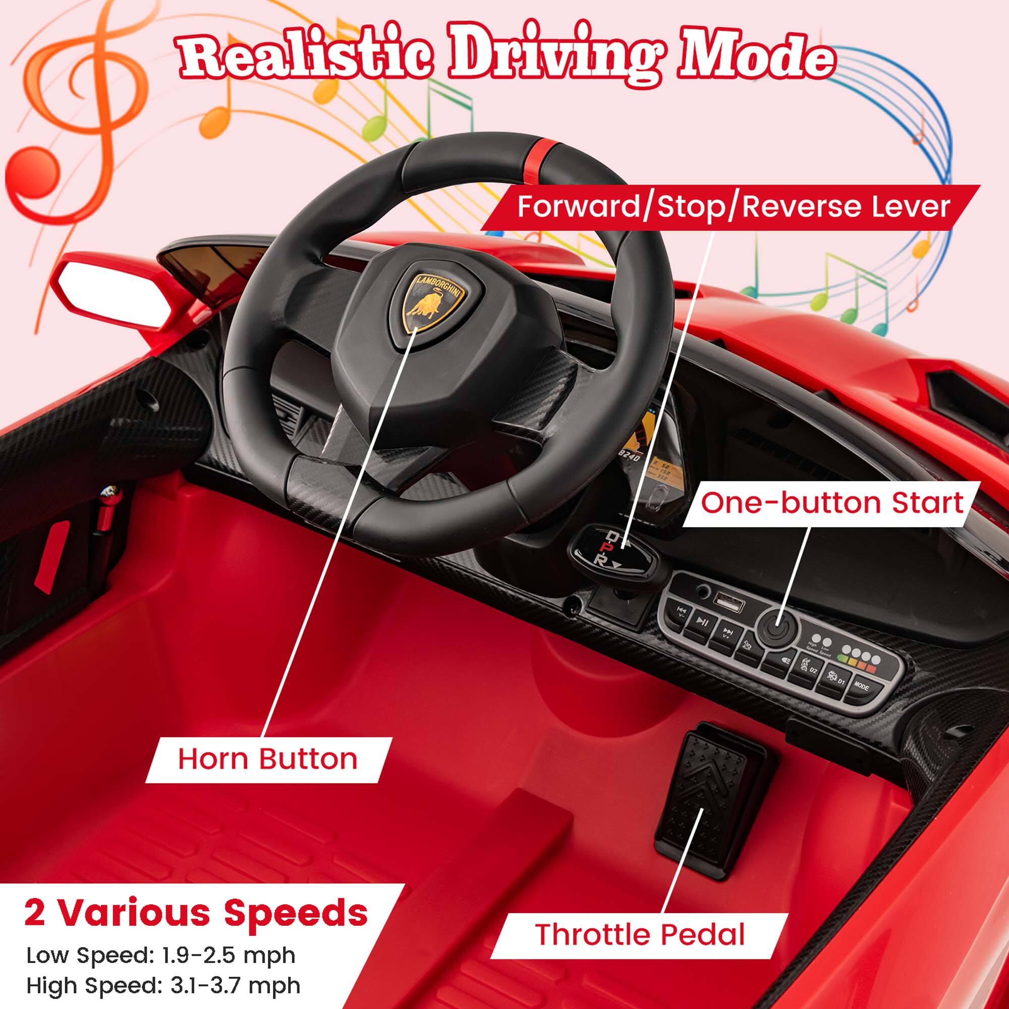Realistic Driving Mode

Forward/Stop/Reverse Lever

One-button Start

Horn Button

2 Various Speeds
Low Speed: 1.9-2.5 mph
High Speed: 3.1-3.7 mph

Throttle Pedal