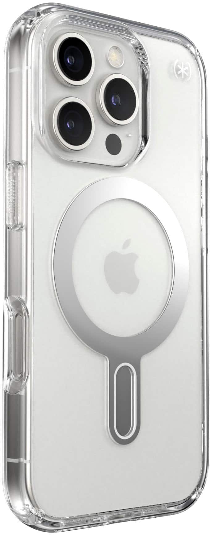 Angle. Speck - Presidio Perfect Clear ClickLock Case with MagSafe for Apple iPhone 16 Pro - Clear/Chrome.