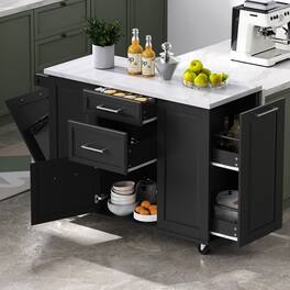 Loheer - Kitchen Island with Tilt Trash Can Cabinet Drop Leaf - Black