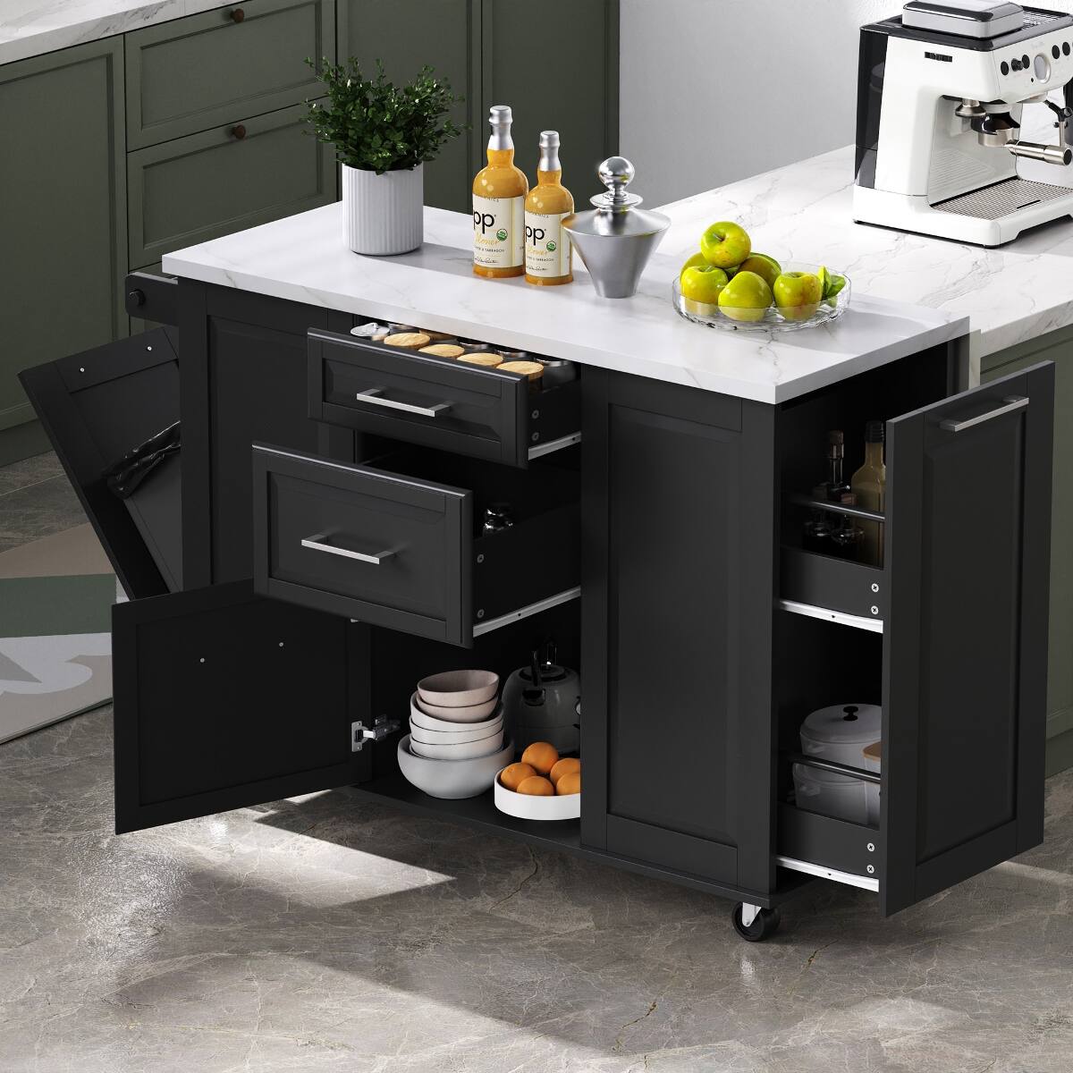 Front. Loheer - Loheer Kitchen Island with Tilt Trash Can Cabinet Drop Leaf Black - Black.
