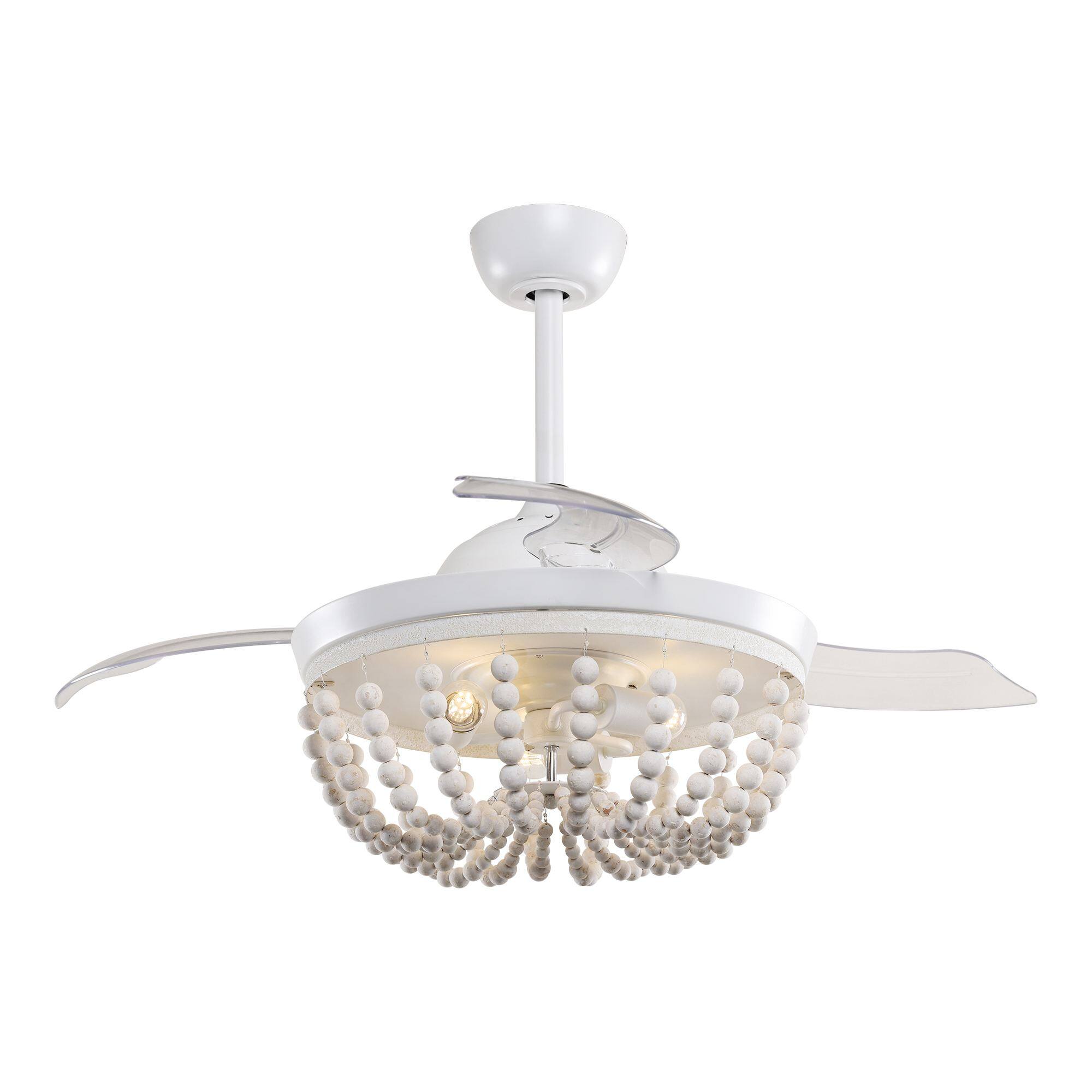 Alt View 1. Parrot Uncle - 42" Farmhouse Wood Beaded Fandelier Ceiling Fan with Remote - Matte White.
