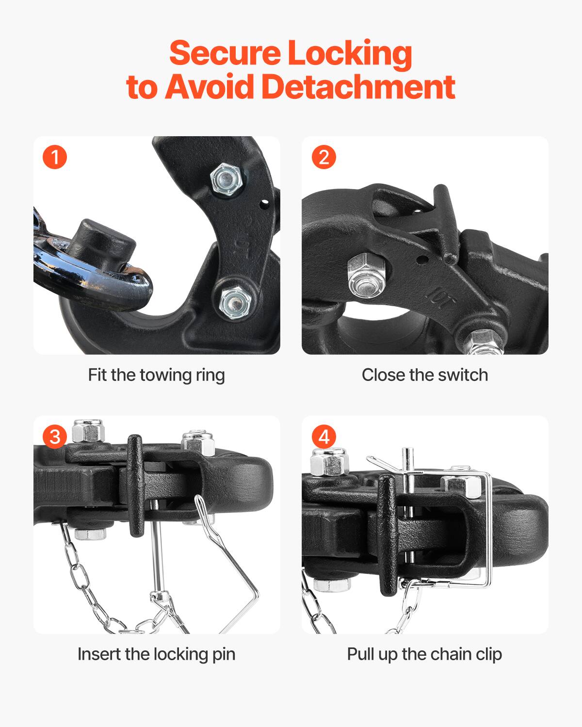 Secure Locking to Avoid Detachment

1. Fit the towing ring
2. Close the switch
3. Insert the locking pin
4. Pull up the chain clip