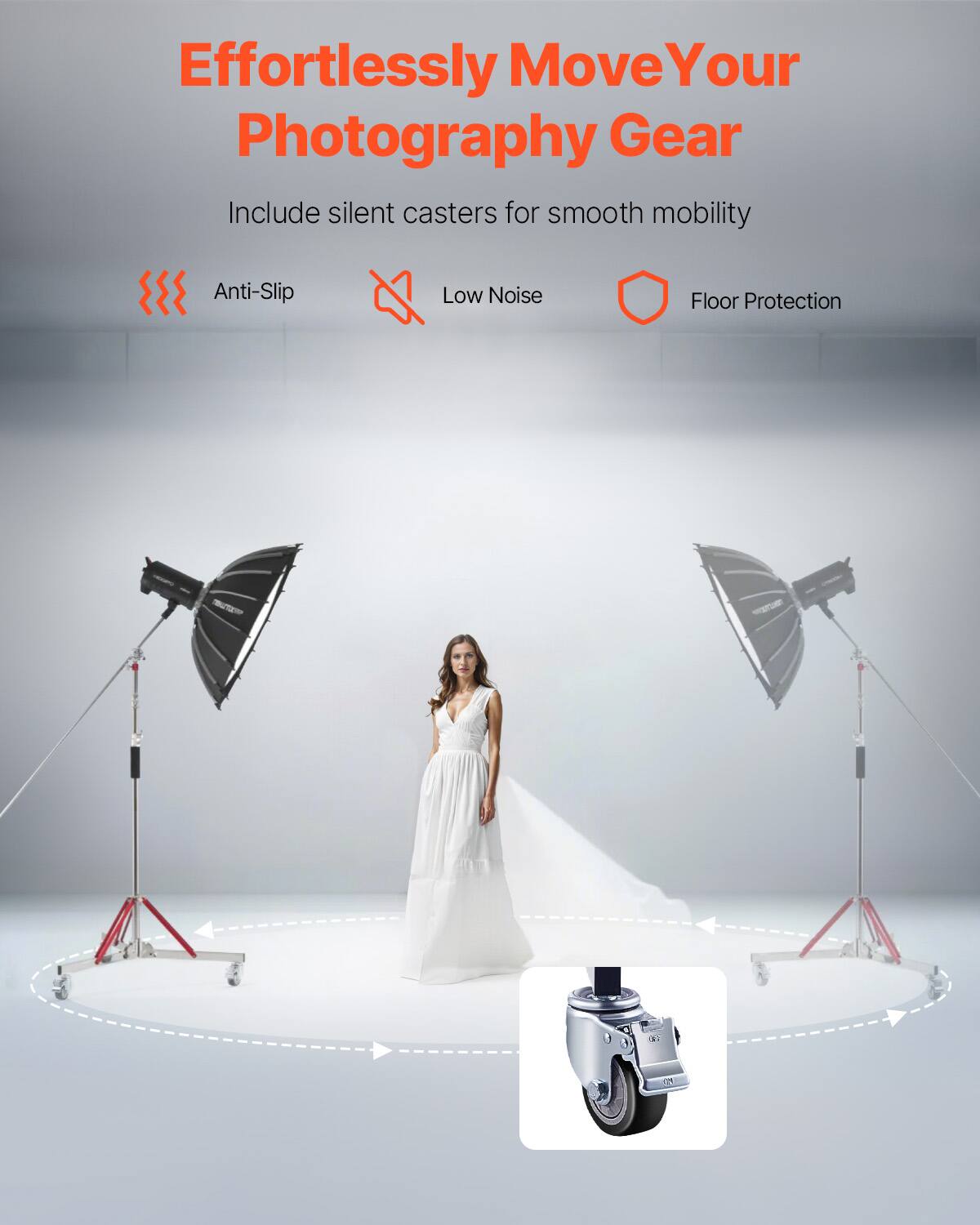 Effortlessly Move Your Photography Gear

Include silent casters for smooth mobility

Anti-Slip  
Low Noise  
Floor Protection